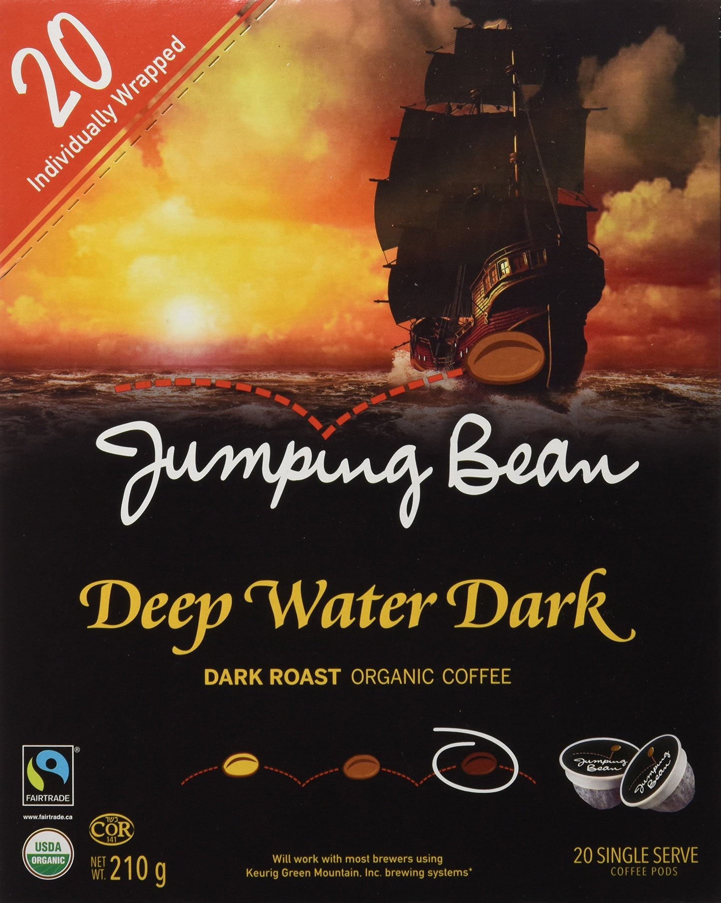Jumping Bean Organic Coffee Single Serve Coffee Pods, Deep Water Dark, 20 Count