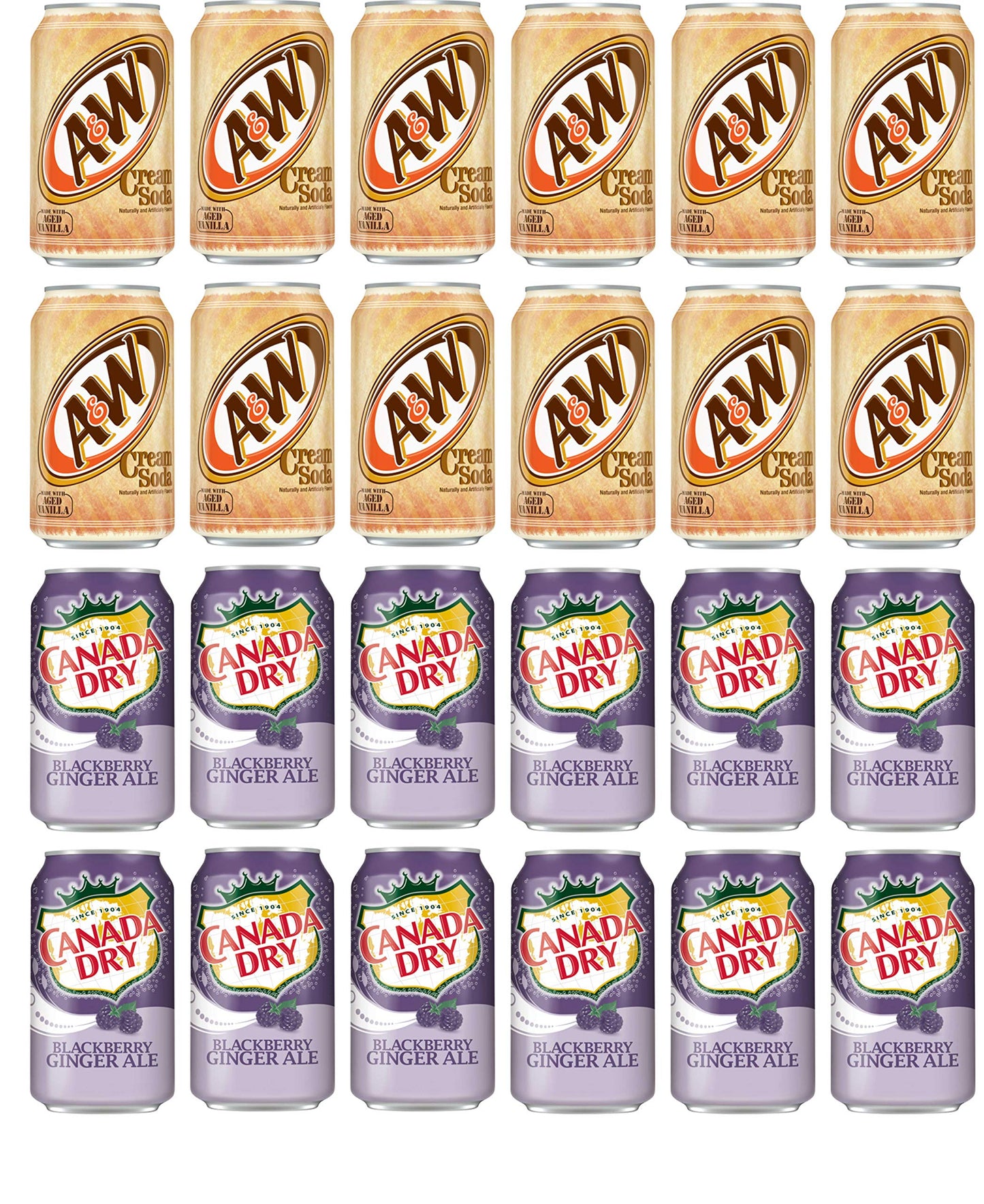 LUV-BOX Variety Soda pack , pack of 24 , 12 fl oz , A&W CREAM SODA - CAFFEINE FREE , CANADA DRY BLACKBERRY GINGER ALE