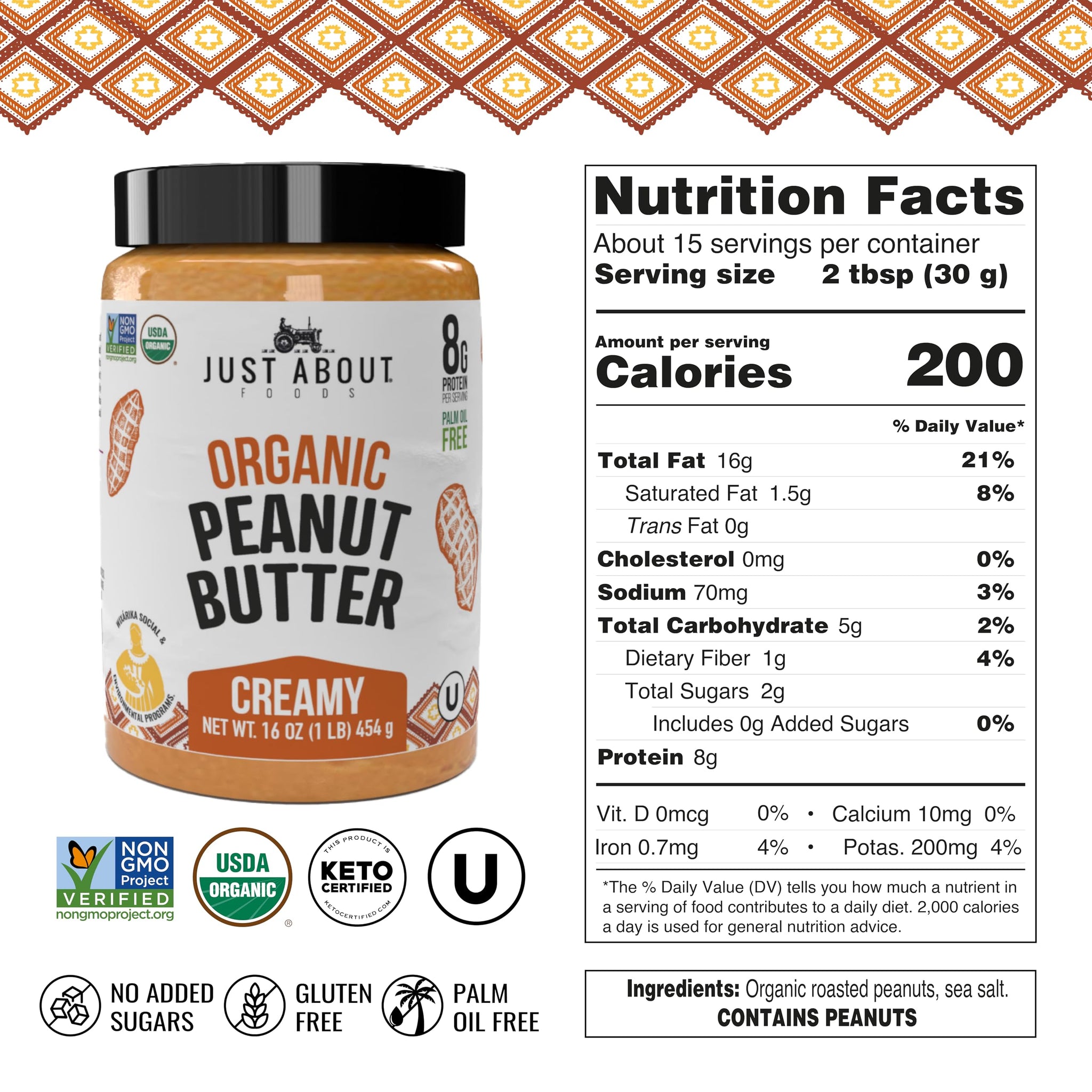 Just About Foods Organic & Keto Peanut Butter Creamy 1 lb Gluten-Free, No Sugar Added, No Palm Oil, Unsweetened Peanut Spread, USDA Organic & Non-GMO