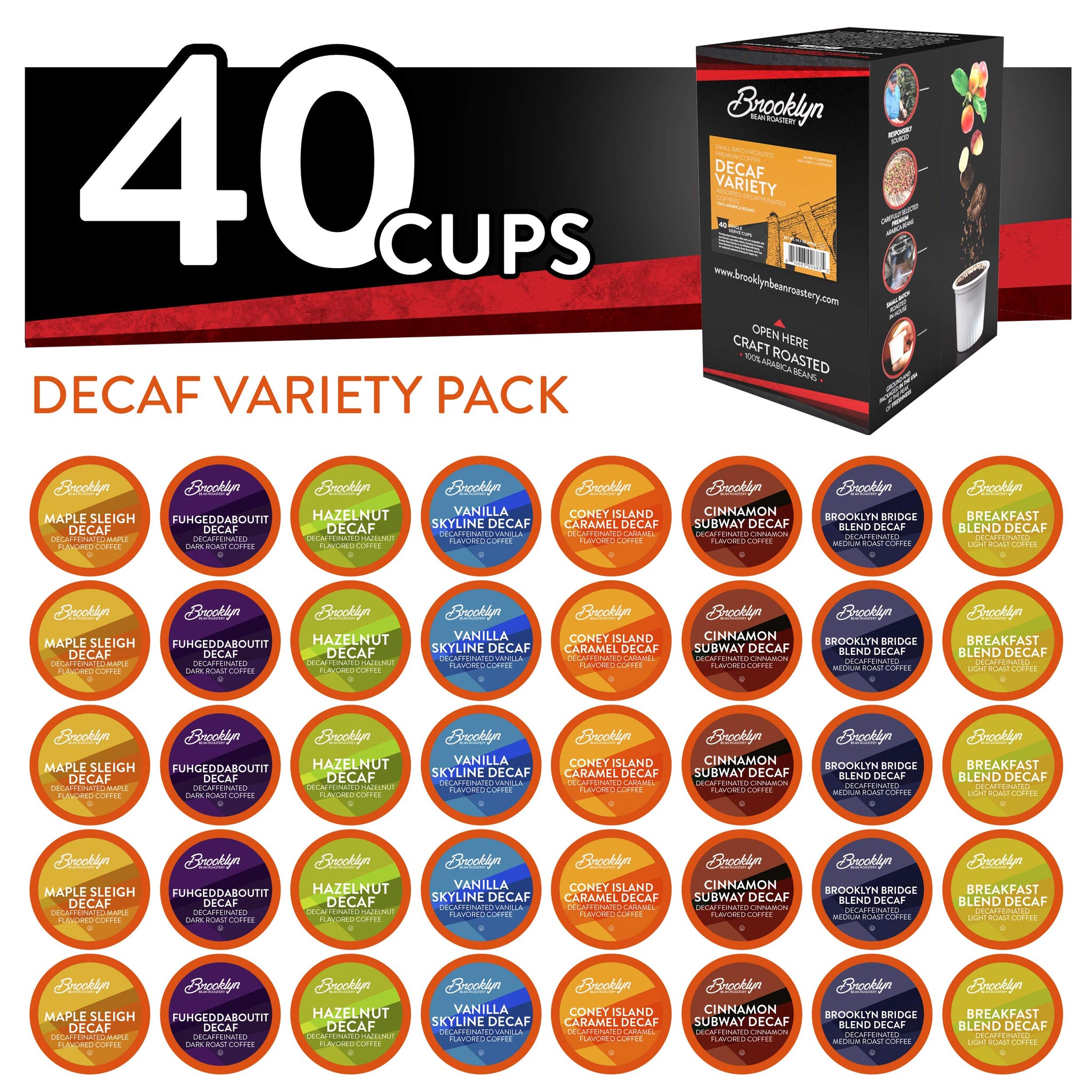 Brooklyn Beans Coffee Pods, Assorted Decaf Variety Pack - Compatible with Keurig K Cup Brewers Including 2.0 Coffee Makers, 40 Count, Perfect