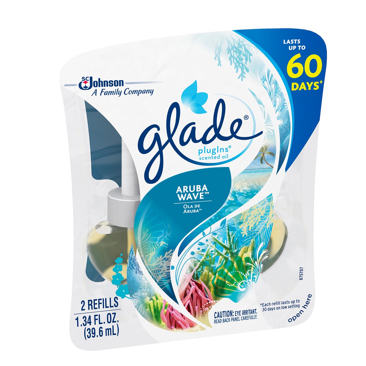 Glade PlugIns Refills Air Freshener, Scented and Essential Oils for Home and Bathroom, Aruba Wave, 1.34 Oz, 2 Count