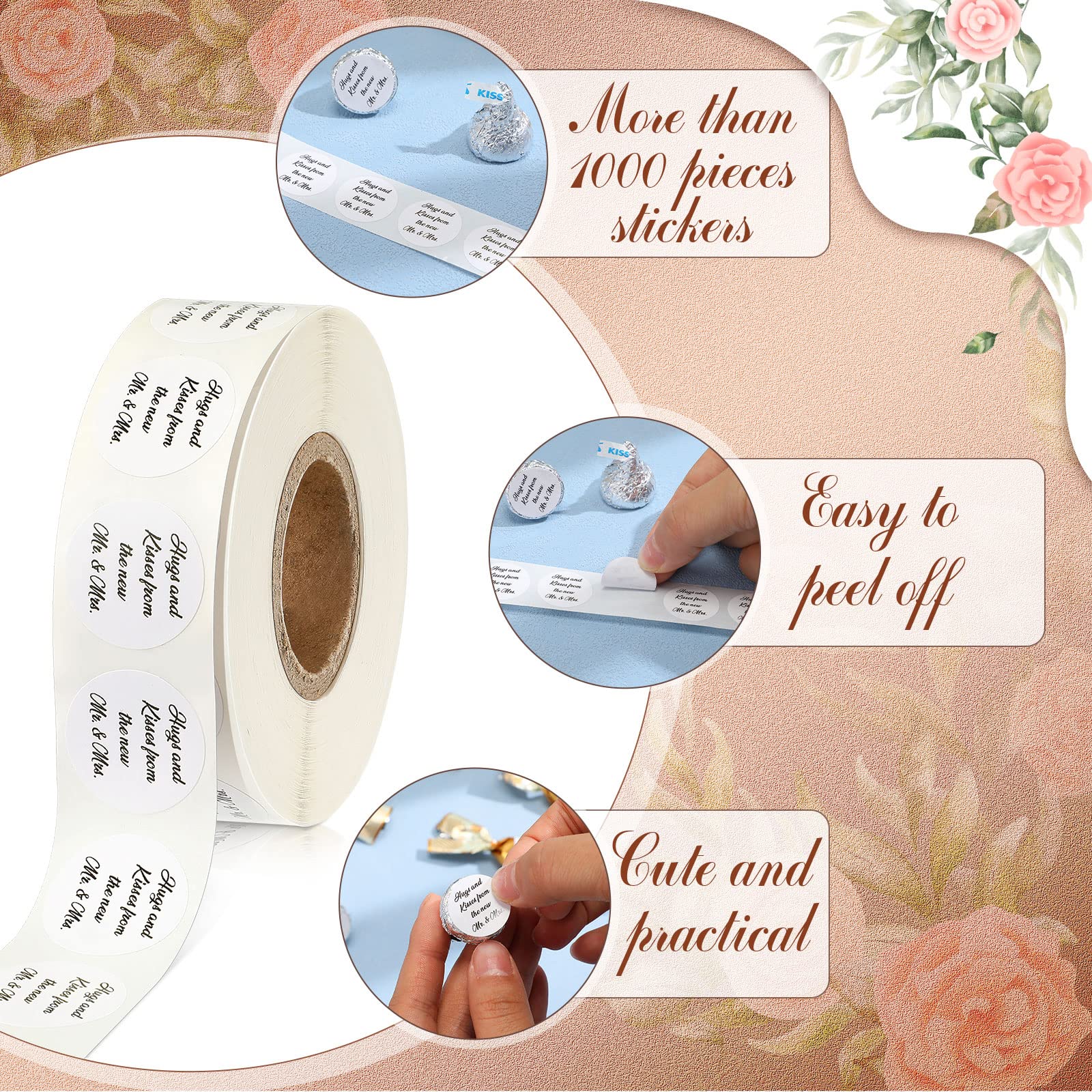 Laumoi 1000 Pcs Hugs and Kisses from The New Mr and Mrs Wedding Stickers, Chocolate Drops Labels Candy Stickers 0.75 Inch for Weddings Engagement