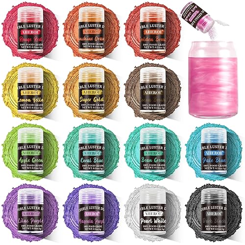 Aheroi Edible Glitter Set, 15 Colors Luster Dust Edible Set, Shimmering Glitter for Drinks Powder Glitter for Fondant, Cocktail Glitter for Cakes