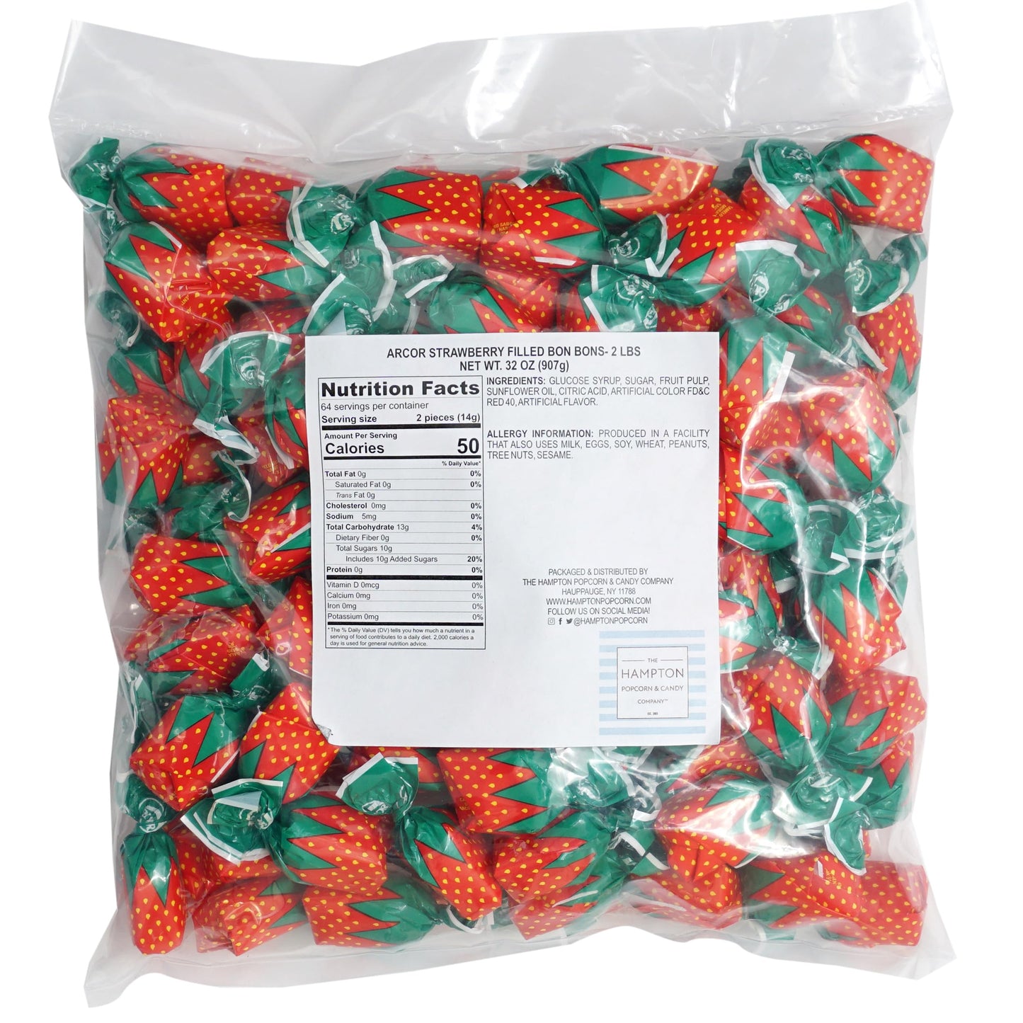 Arcor Strawberry Bon Bons Hard Candy, 2 Pound (Approx. 150 pcs.), Arcor Strawberry Candy Individually Wrapped, Strawberry Candies, The Hampton Popcorn