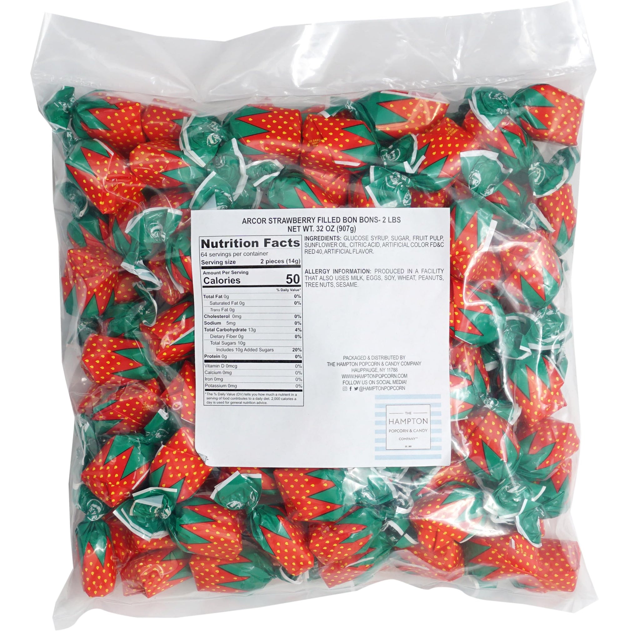 Arcor Strawberry Bon Bons Hard Candy, 2 Pound (Approx. 150 pcs.), Arcor Strawberry Candy Individually Wrapped, Strawberry Candies, The Hampton Popcorn