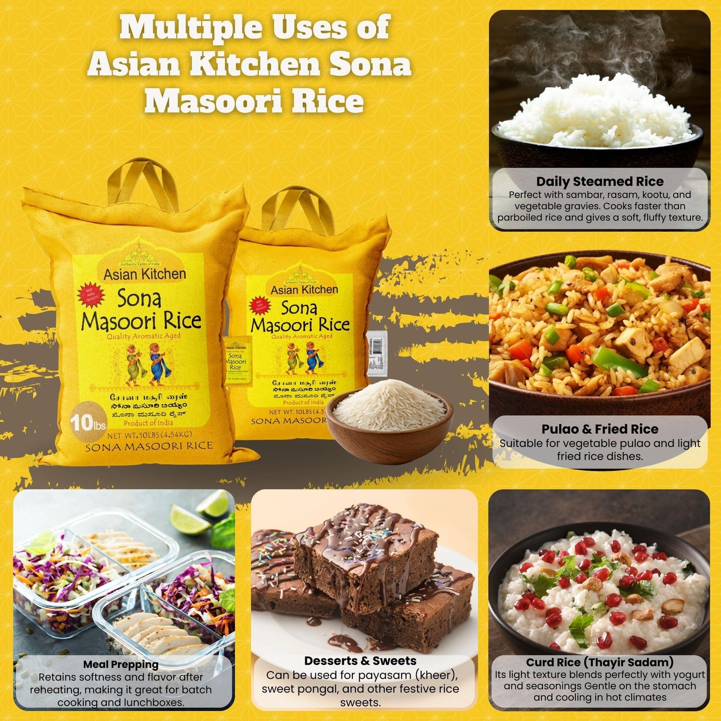 Asian Kitchen White Sona Masoori Aged Rice 10-Pound Bag, 10lbs (4.54kg) Short Grain Rice ~ All Natural | Gluten Friendly | Vegan | Indian Origin |