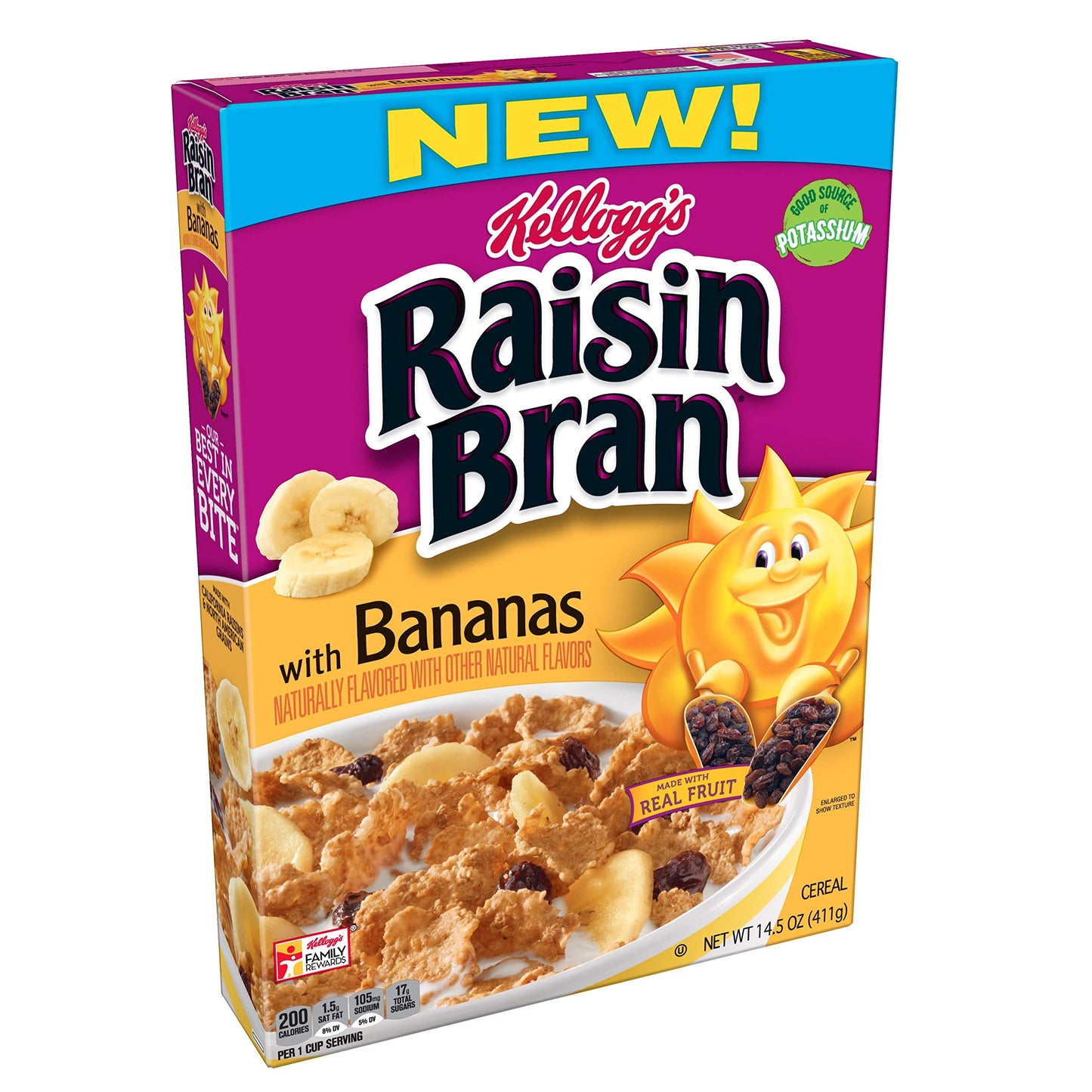 (Discontinue Version) Kellogg's Raisin Bran, Breakfast Cereal, With Bananas, Good Source of Fiber, 14.5 oz Box