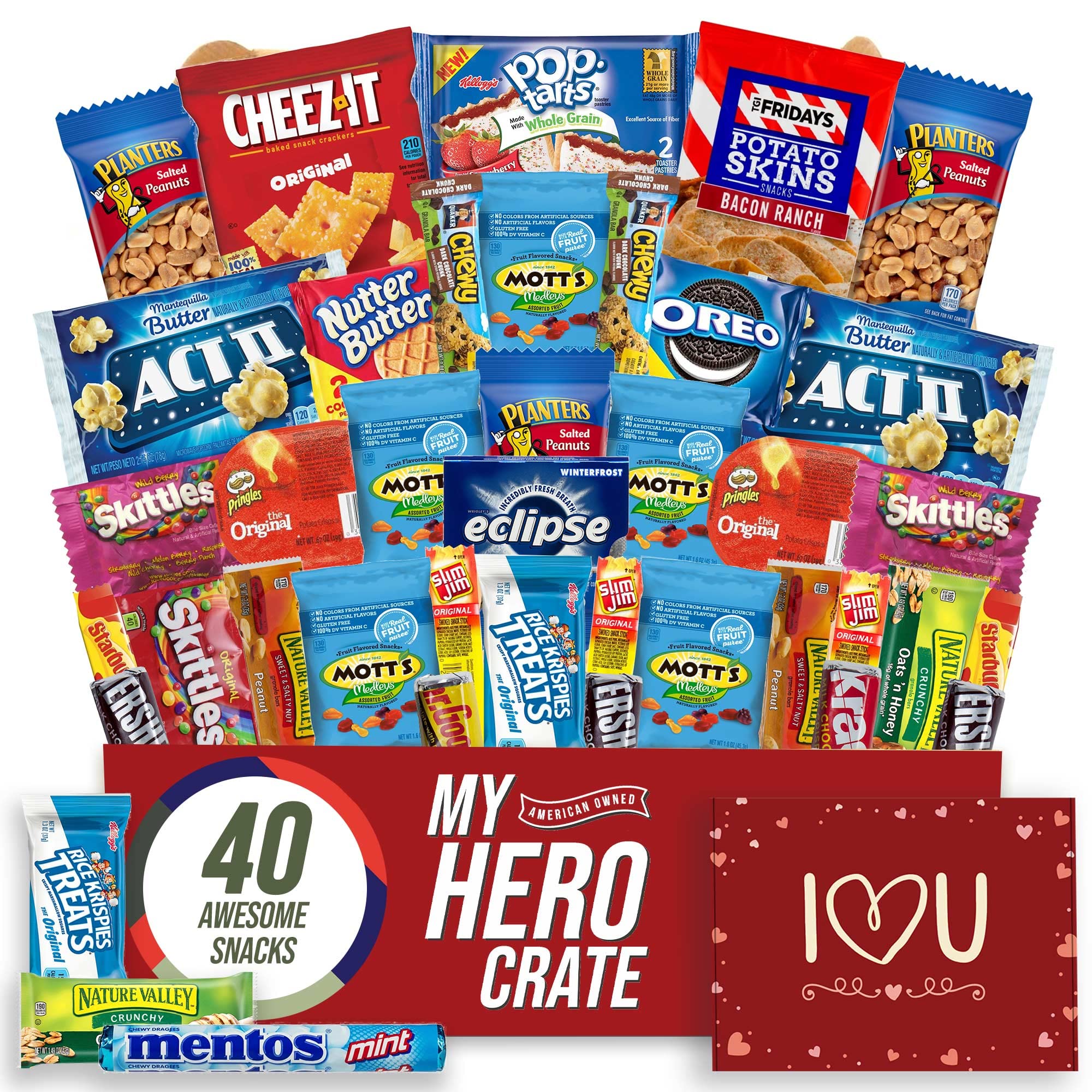 Military Valentine's Day Snack Box (40 Piece Variety Gift Basket Care Package) Peanuts, Candy, Chips, Granola Bars & More - My Hero Crate