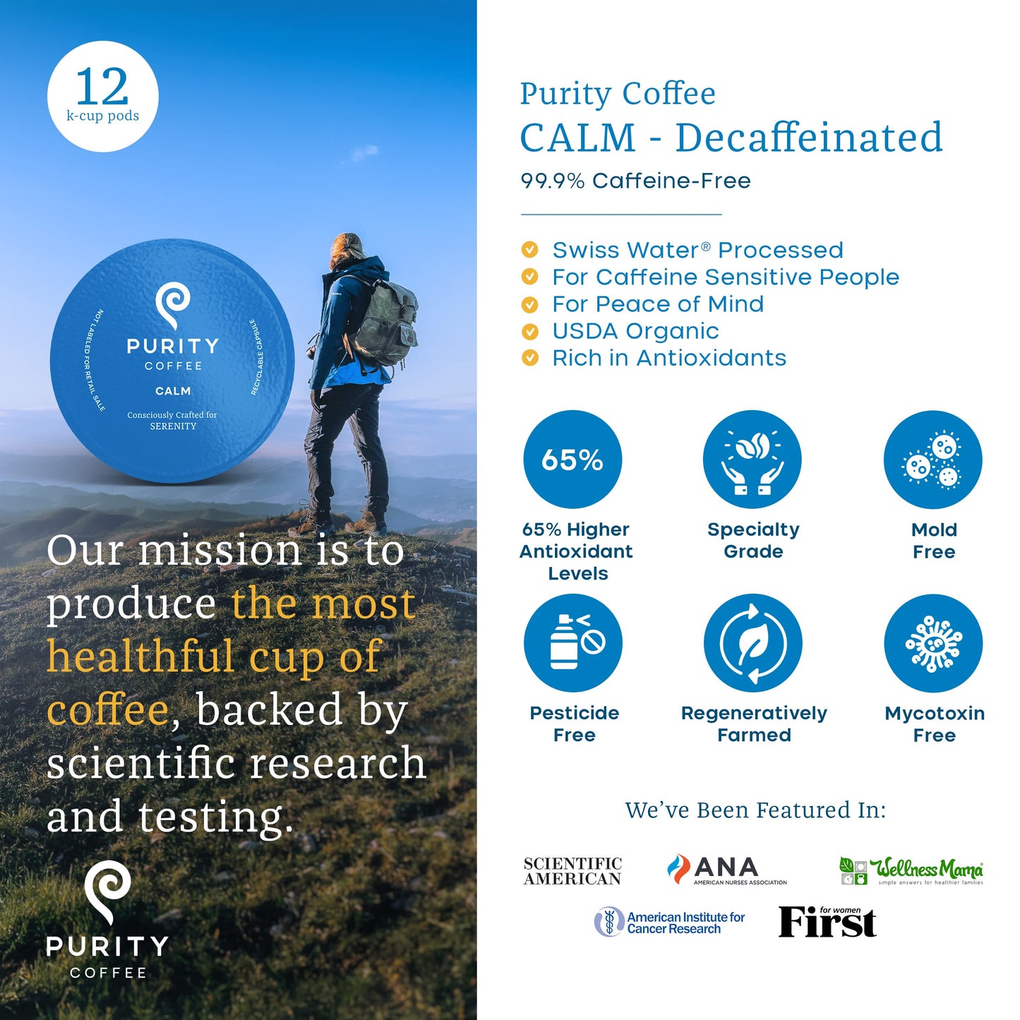 Purity Coffee CALM Decaf Medium Roast K Pod Capsules (12ct Box) | Specialty-Grade USDA Organic Mountain Water Process Decaffeinated Blend | Third
