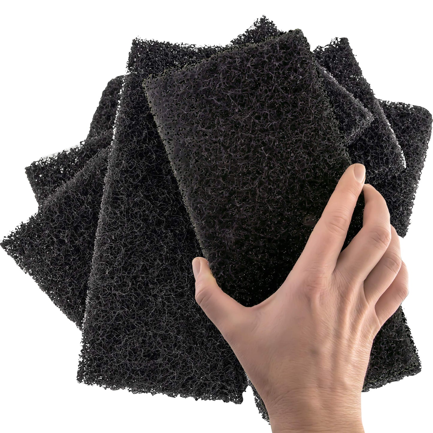 Heavy Duty XL Black Scouring Pad 5 Pack. 10 x 4.5in Large Multipurpose Nylon Scrubbing Sponges. Clean Bathrooms, Kitchens, Counters and Floors