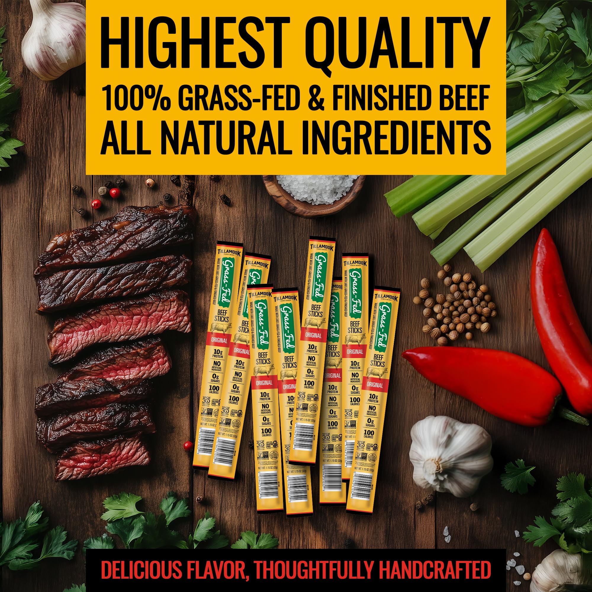 Tillamook Country Smoker 100% Grass Fed Beef Sticks, Zero Sugar, Original, 1.15 Ounce, 8 Pack, Non-GMO Clean Meat Snacks, 10g High Protein Per Stick