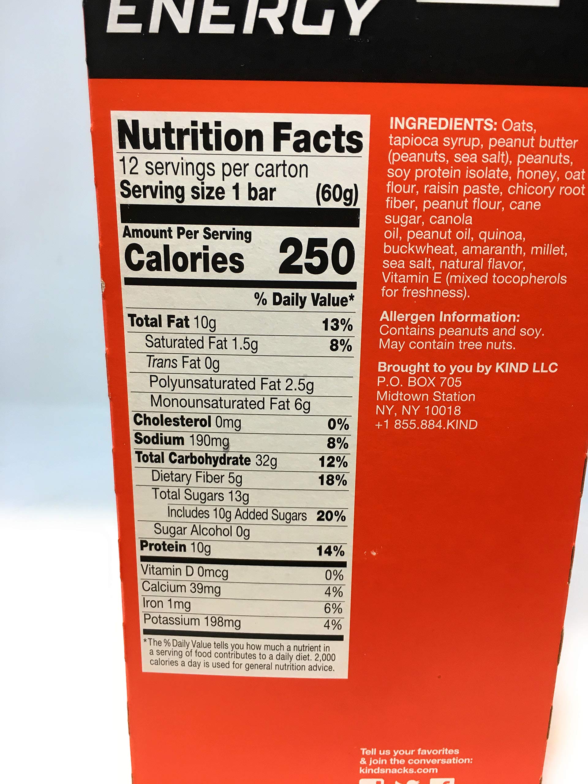 KIND Energy Bar, Peanut Butter, Gluten Free, Low Sugar, 1.76oz, 12 Count