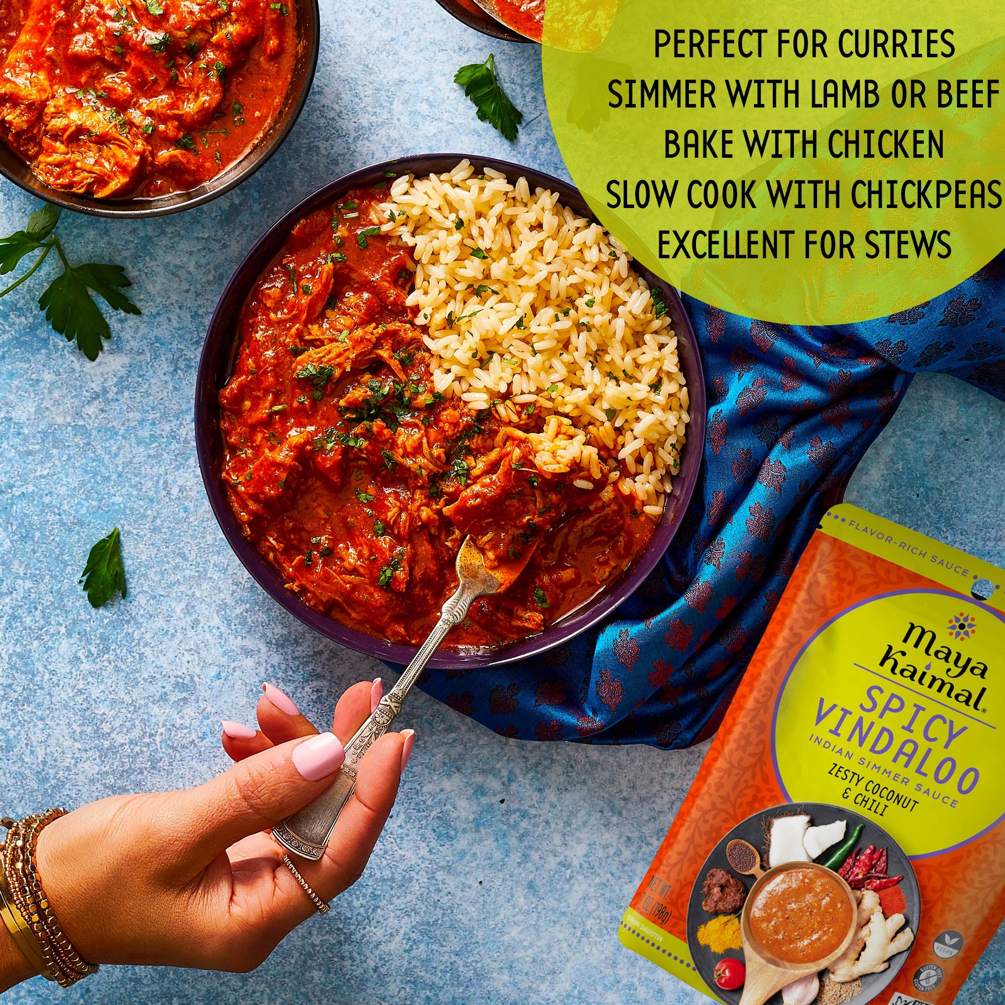 MAYA KAIMAL Spicy Vindaloo Simmer Sauce | 7oz Easy Pour Pouch | Spicy Indian Simmer Sauce with Zesty Coconut and Chili, Vegan, Gluten Free,