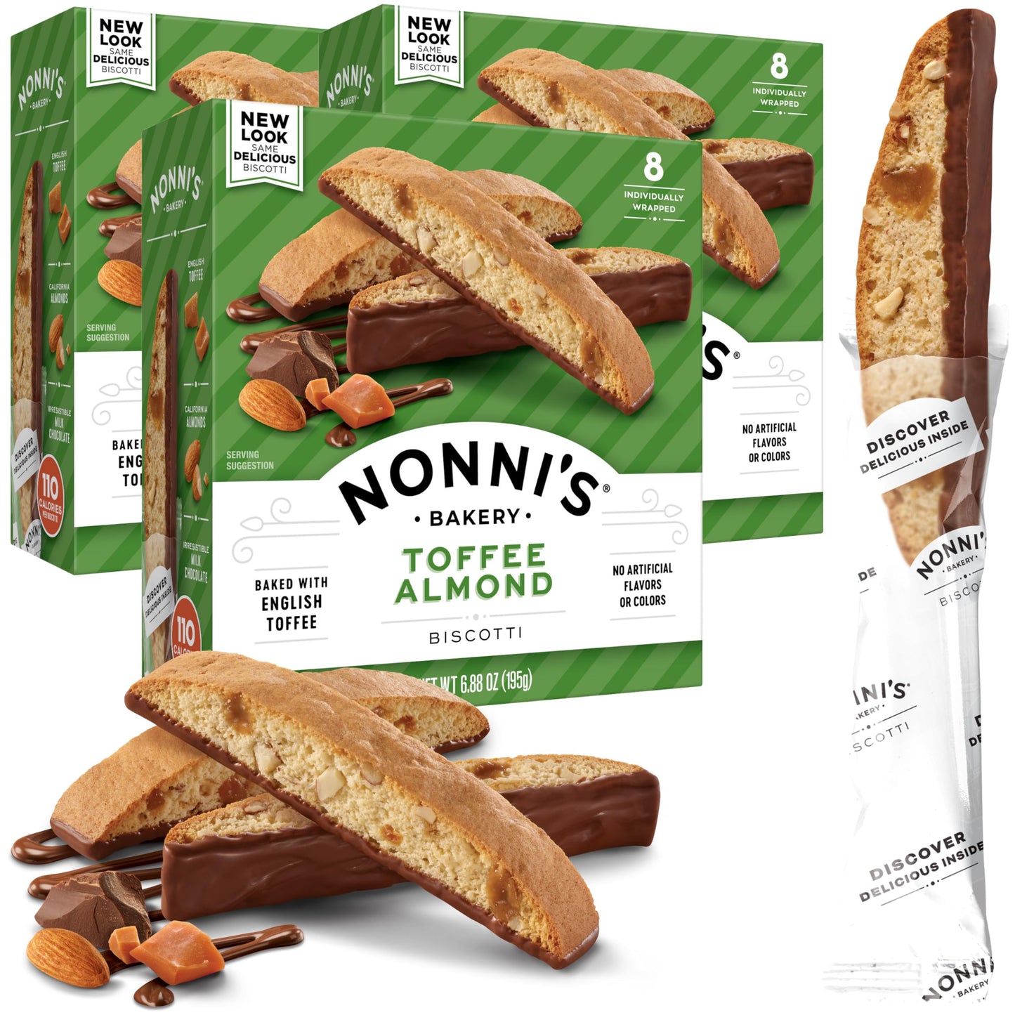Nonni's Toffee Almond Biscotti Italian Cookies - Italian Biscotti Cookies - Biscotti Individually Wrapped - Dipped in Milk Chocolate - w/ Almonds