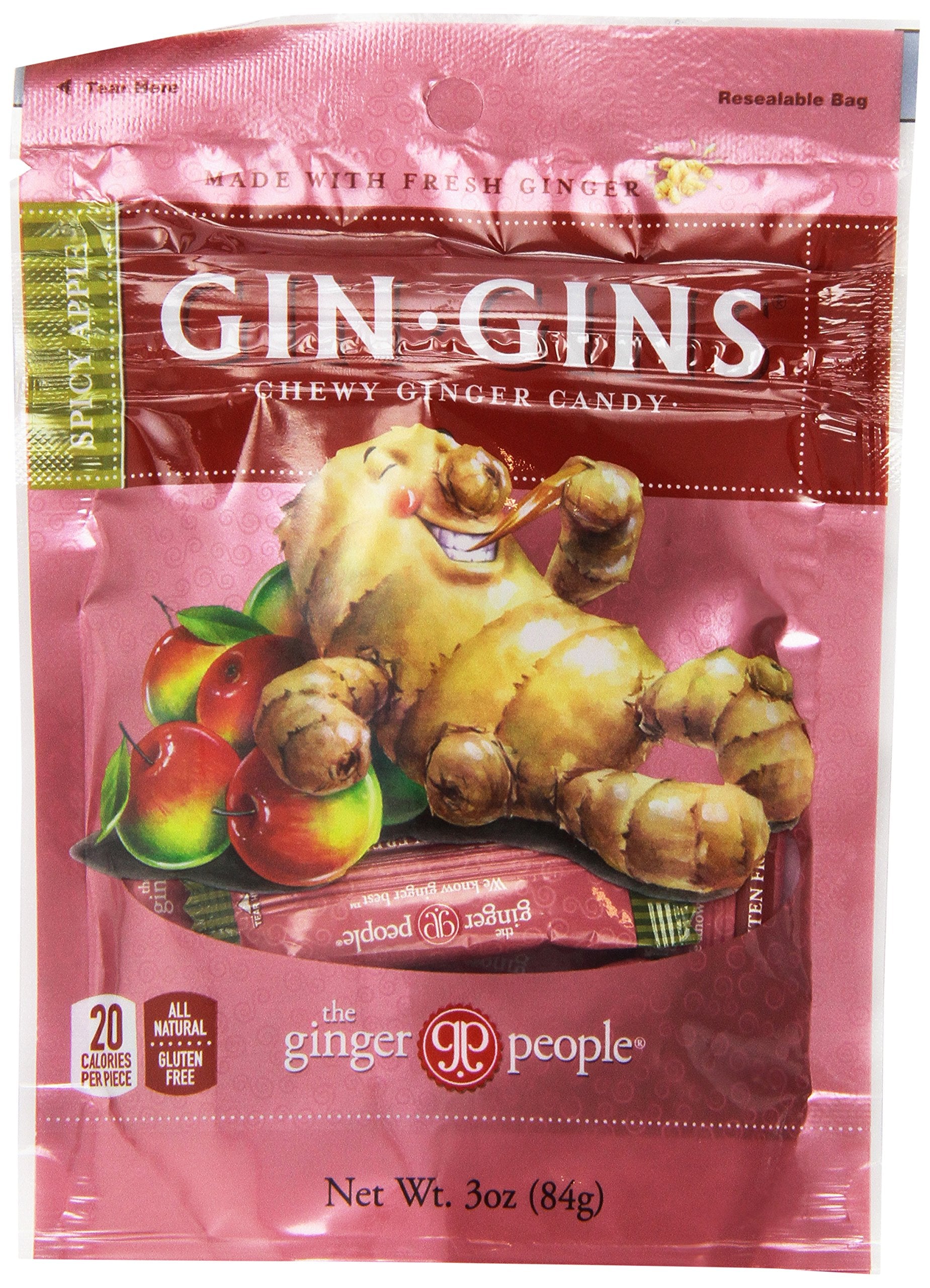 GIN GINS Apple Chewy Ginger Candy by The Ginger People - Anti-Nausea and Digestion Aid, Individually Wrapped Healthy Candy - Spicy Apple Flavor, 3 oz