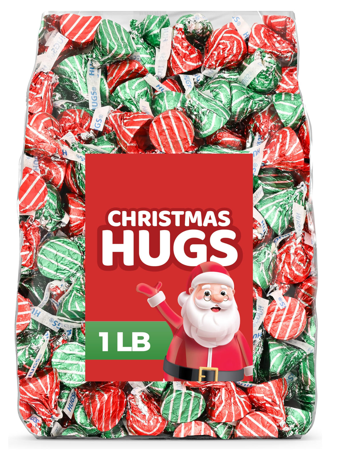 Christmas Chocolate Hugs 1 LB - Red & Green Foils - Bulk Holiday Candy Bag