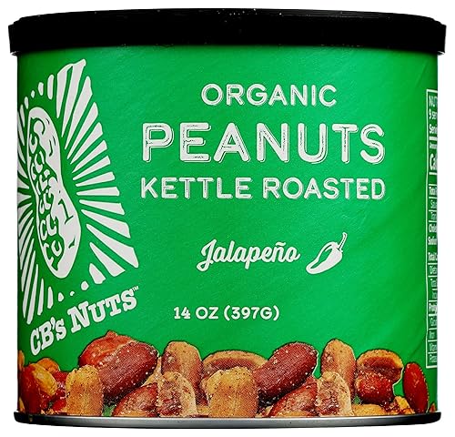 CB's Nuts Organic Jalapeño Kettle Roasted Peanuts - 1 Ingredient, USA Grown, Slow Roasted in Small Batches, USDA Organic, Non-GMO Verified, 14 oz Can