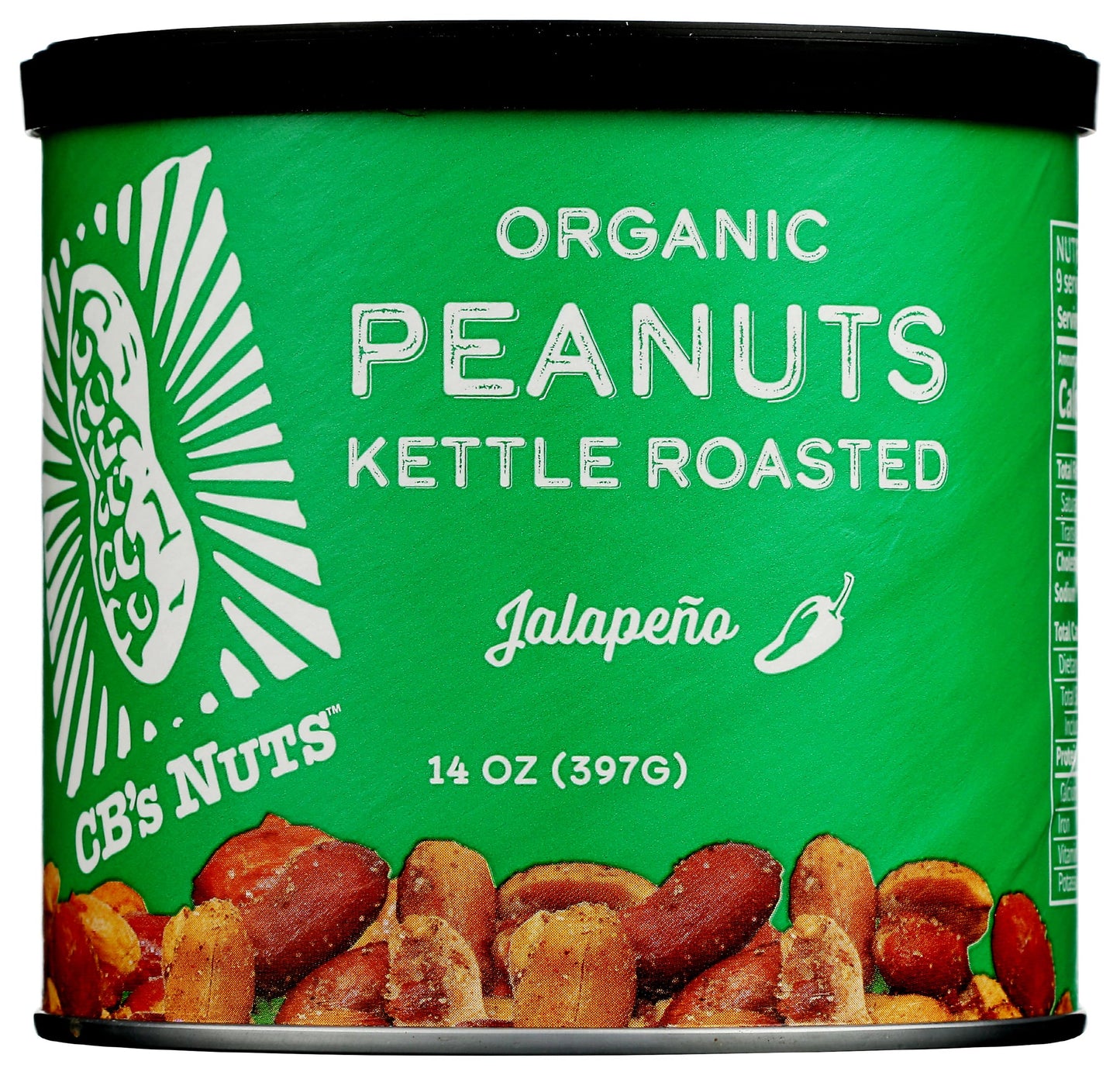 CB's Nuts Organic Jalapeño Kettle Roasted Peanuts - 1 Ingredient, USA Grown, Slow Roasted in Small Batches, USDA Organic, Non-GMO Verified, 14 oz Can