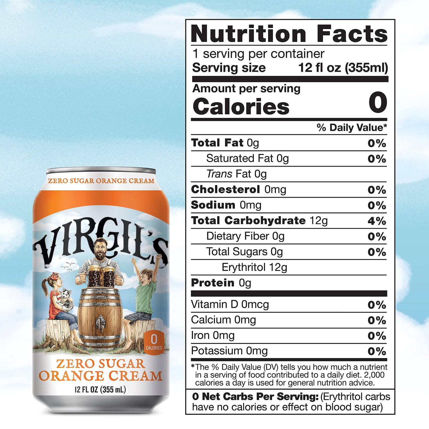 Virgil's New All-Natural Zero Sugar Orange Soda, 12-oz (24 Cans)