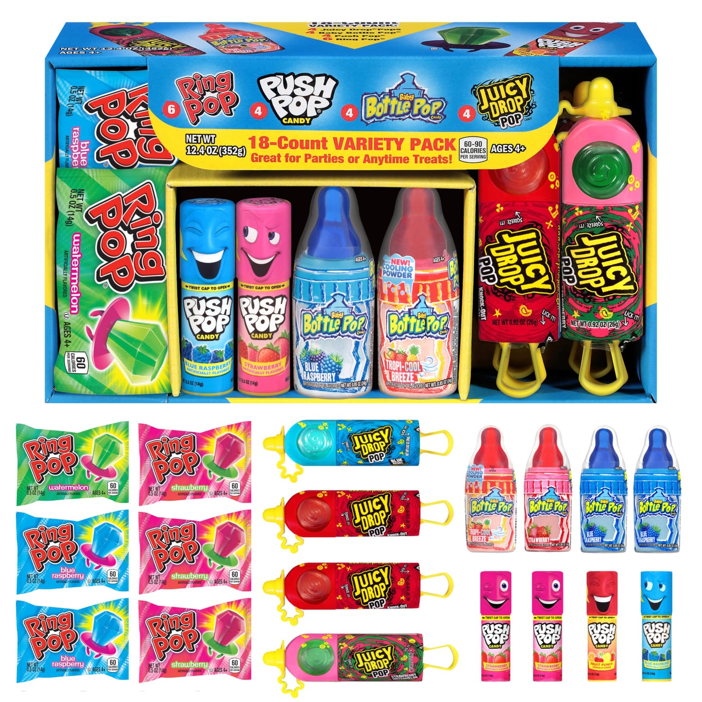 Candy Variety Pack, 18 Count Assorted Lollipops, Bulk Individually Wrapped Ring Pop, Push Pop, Baby Bottle Pop & Juicy Drop, Ideal for Birthdays