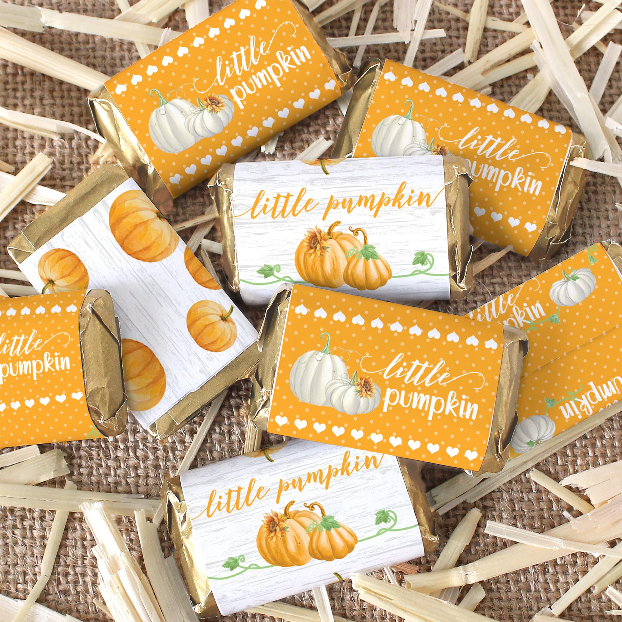 Orange Little Pumpkin Baby Shower Mini Chocolate Candy Bar Wrappers, Fall Baby Gender Reveal - 42 Stickers