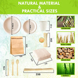 Compostable Paper Plates Set [227 PCS] - with Bamboo Cutlery, Cups, Straw, Paper Napkin, Skewer sticks & Trash Bag | Heavy Duty, Eco-friendly | BBQ