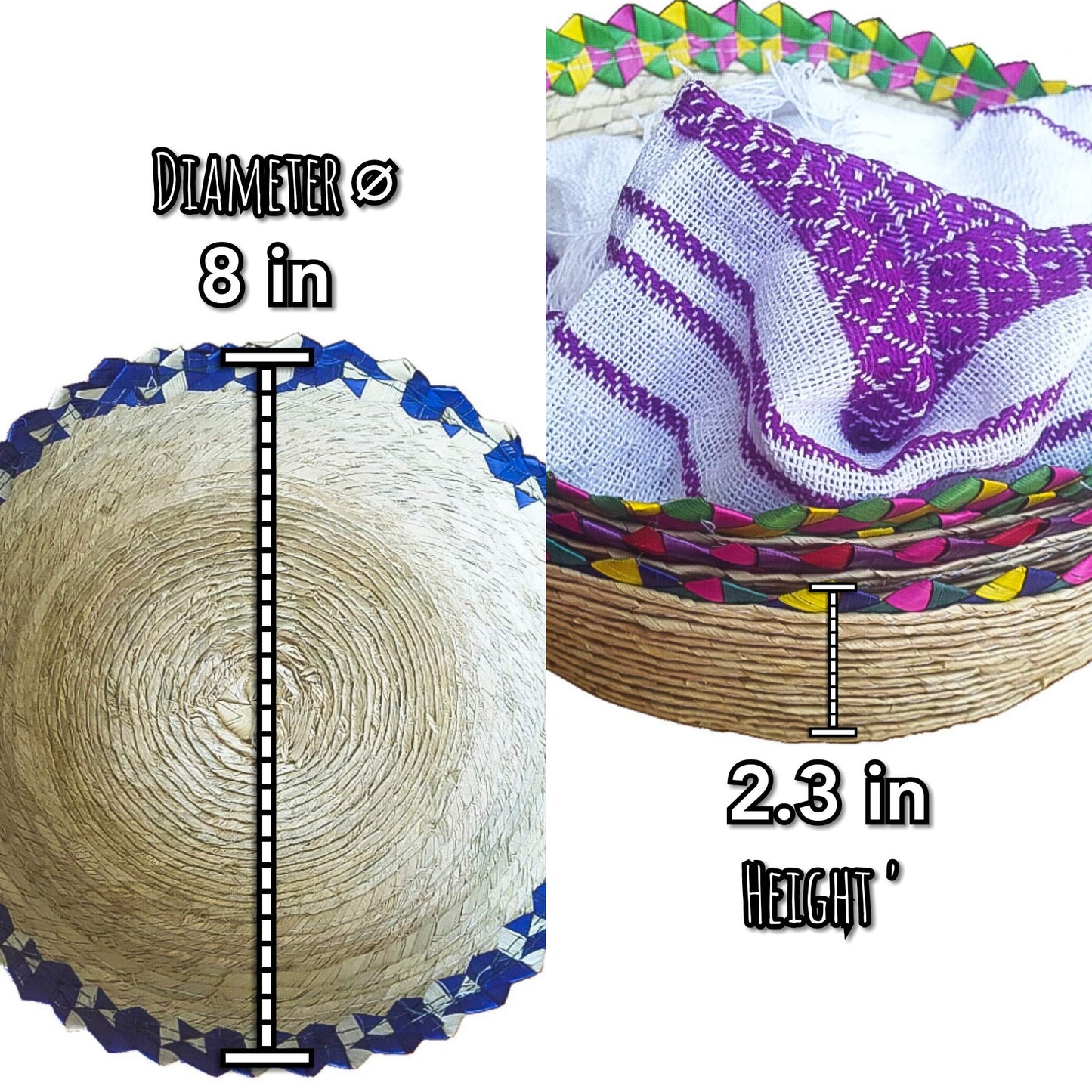 Jacq & Jürgen - 3 Pack Crown Tortilla Baskets with 1 Cotton Tortilla Cloth - Handwoven Palm Tortillero Bundle, Traditional Mexican Kitchen Décor