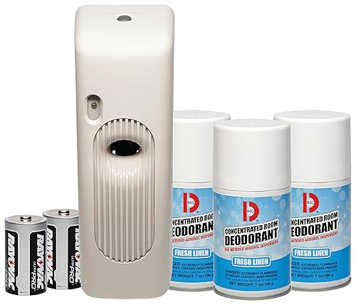 Big D 872 Metered Aerosol Starter Kit, Fresh Linen Fragrance (Contains Dispenser, 2 Batteries, 3 Aerosol Cans) - Air freshener Ideal for restrooms