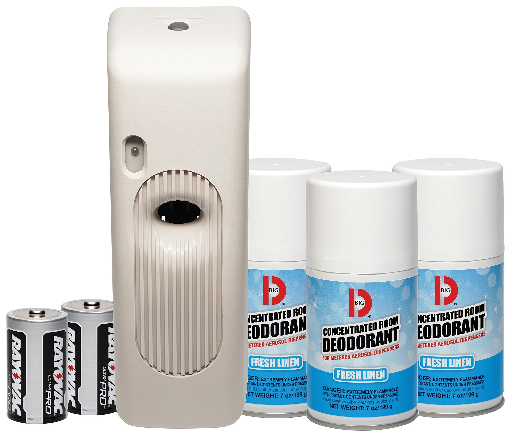 Big D 872 Metered Aerosol Starter Kit, Fresh Linen Fragrance (Contains Dispenser, 2 Batteries, 3 Aerosol Cans) - Air freshener Ideal for restrooms