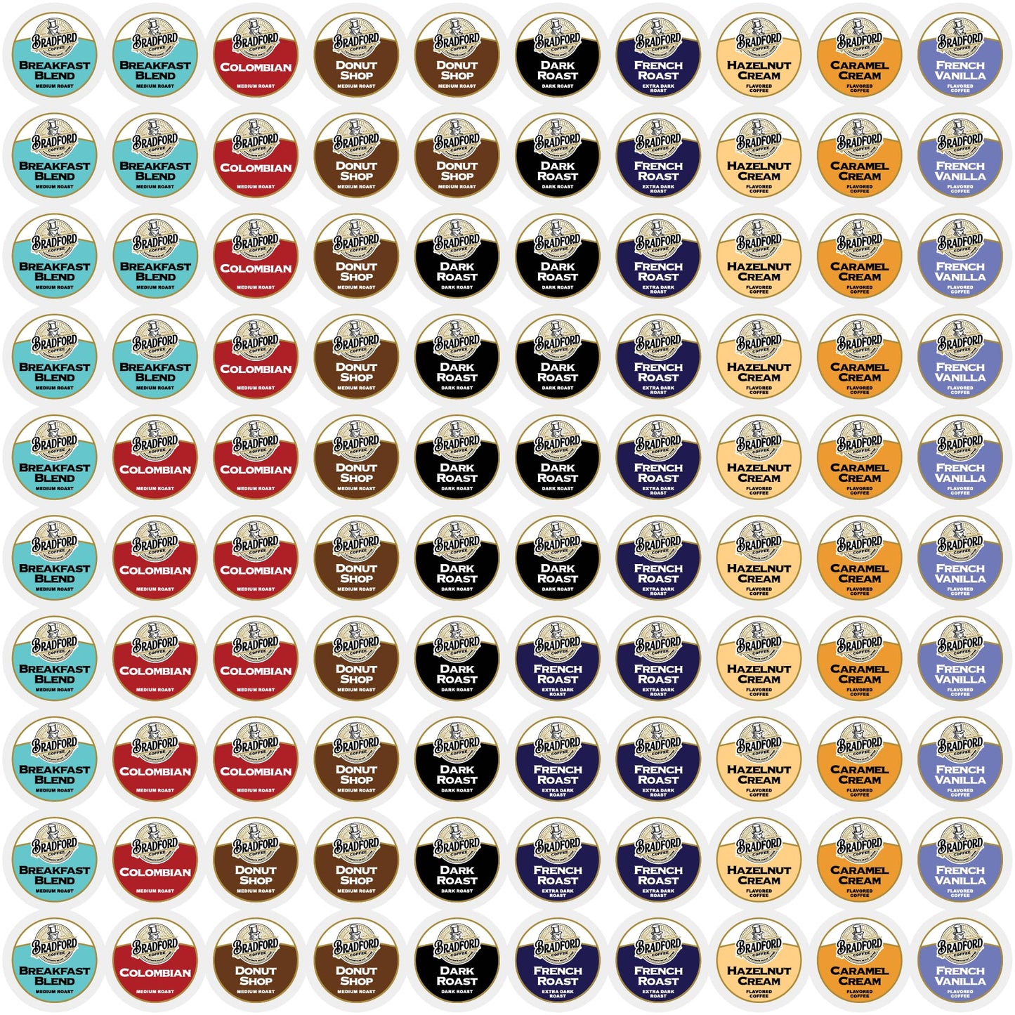 100ct Variety Pack for Keurig K-cups®, 8 Assorted Single Cup Sampler 20% more coffee per cup by Bradford Coffee