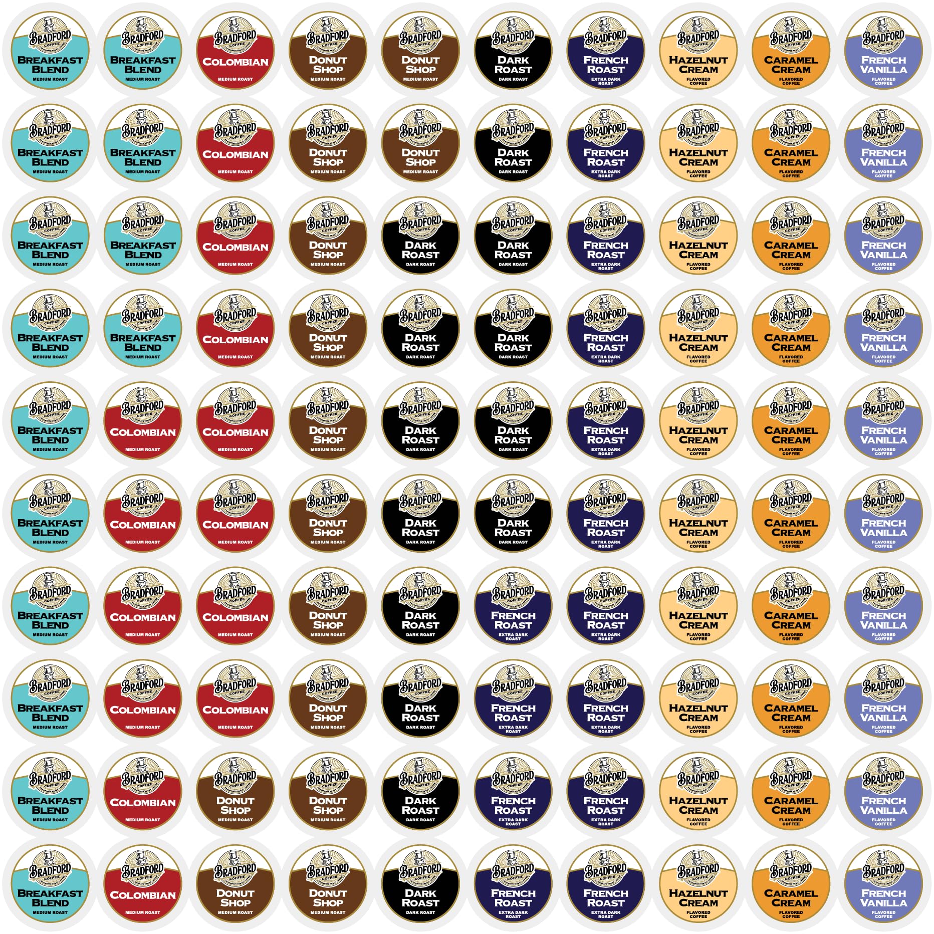 100ct Variety Pack for Keurig K-cups®, 8 Assorted Single Cup Sampler 20% more coffee per cup by Bradford Coffee