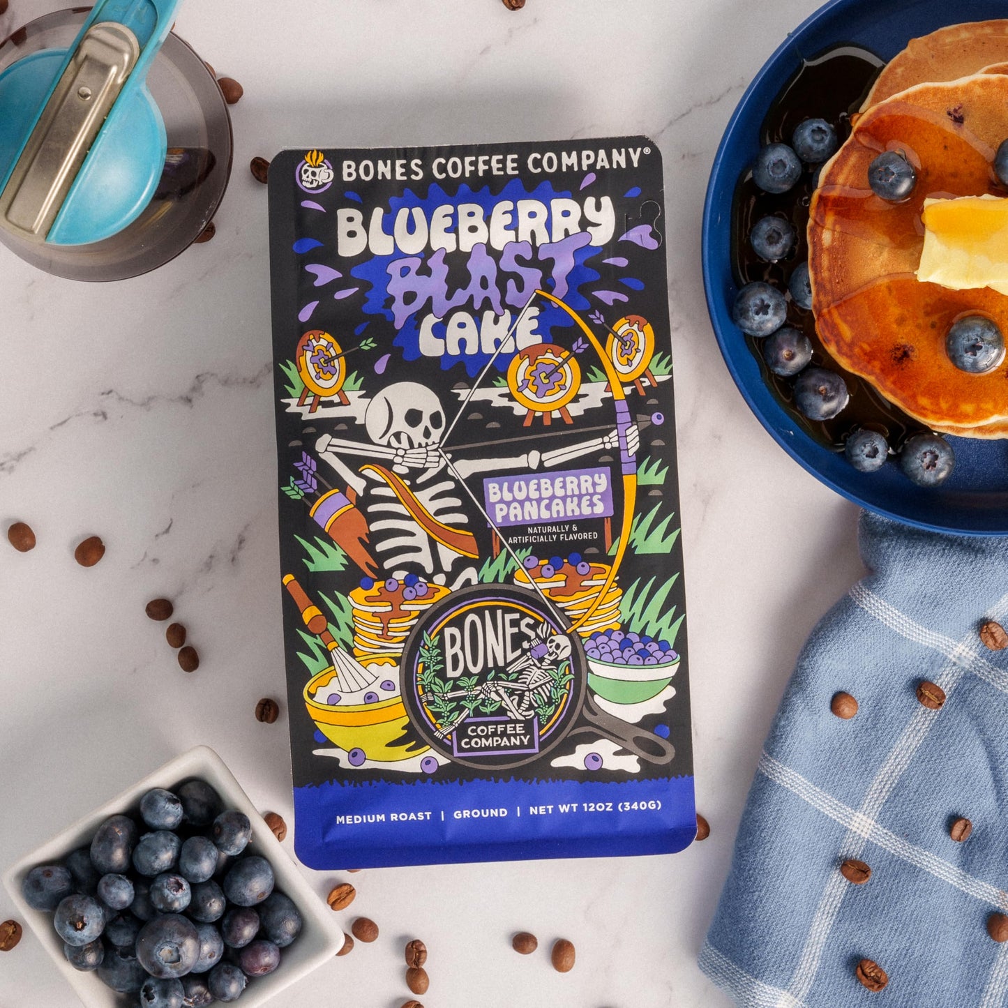 Bones Coffee Company Blueberry Blast Cake, Blueberry Pancakes Flavored Coffee, Medium Roast Low Acid Arabica Beans Compatible with Auto drip