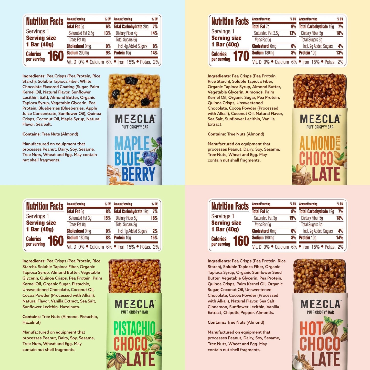 Mezcla Puff-Crispy Plant Based Protein Bars - Variety Pack - Healthy Snacks for Adults & Kids - Granola Bars for School, Travel, & Office Snacks