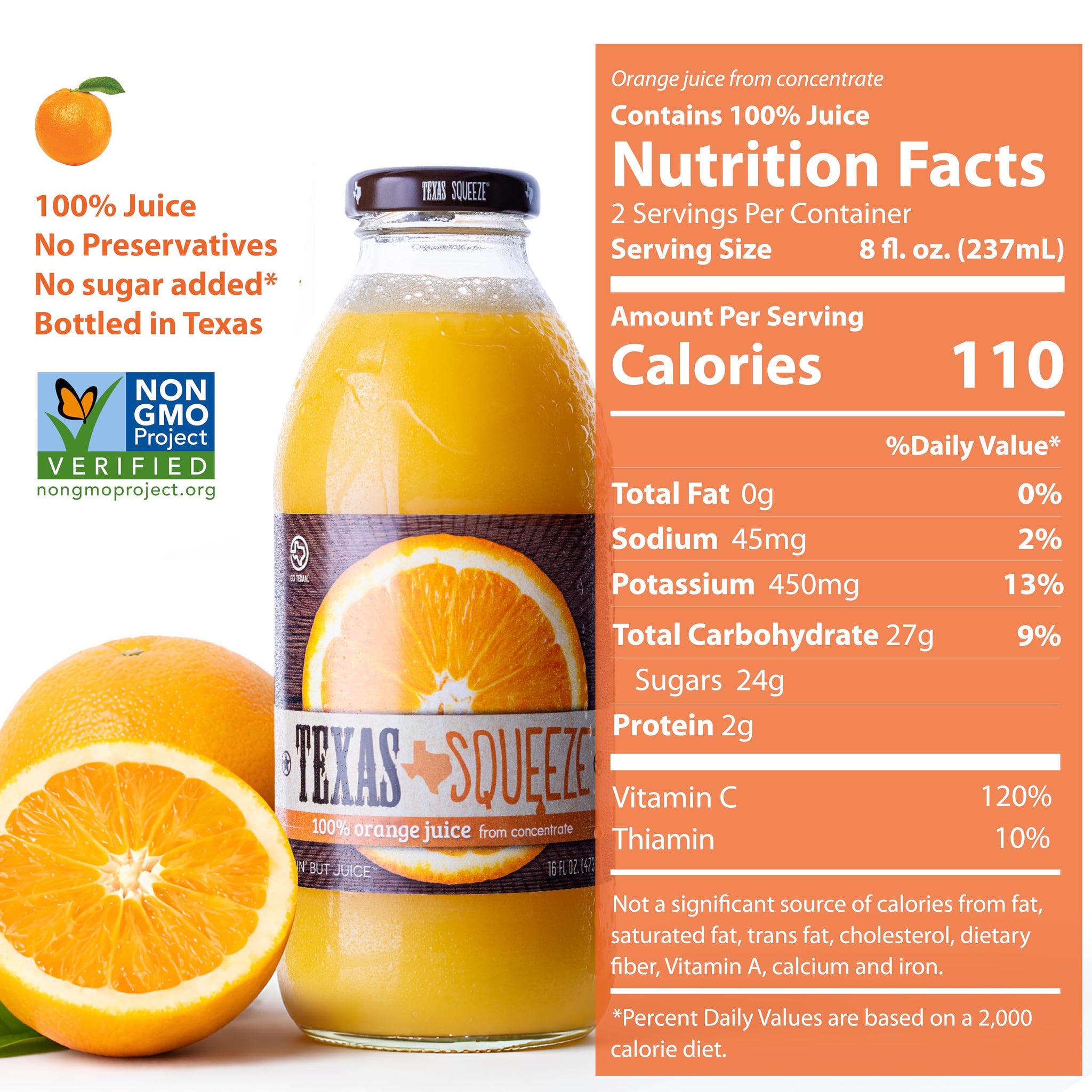 Texas Squeeze Orange Juice, NON GMO Verified, Texas Grown and Bottled, Orange Juice from Concentrate, No Sugar Added, No Preservatives, 16 fl oz, Pack