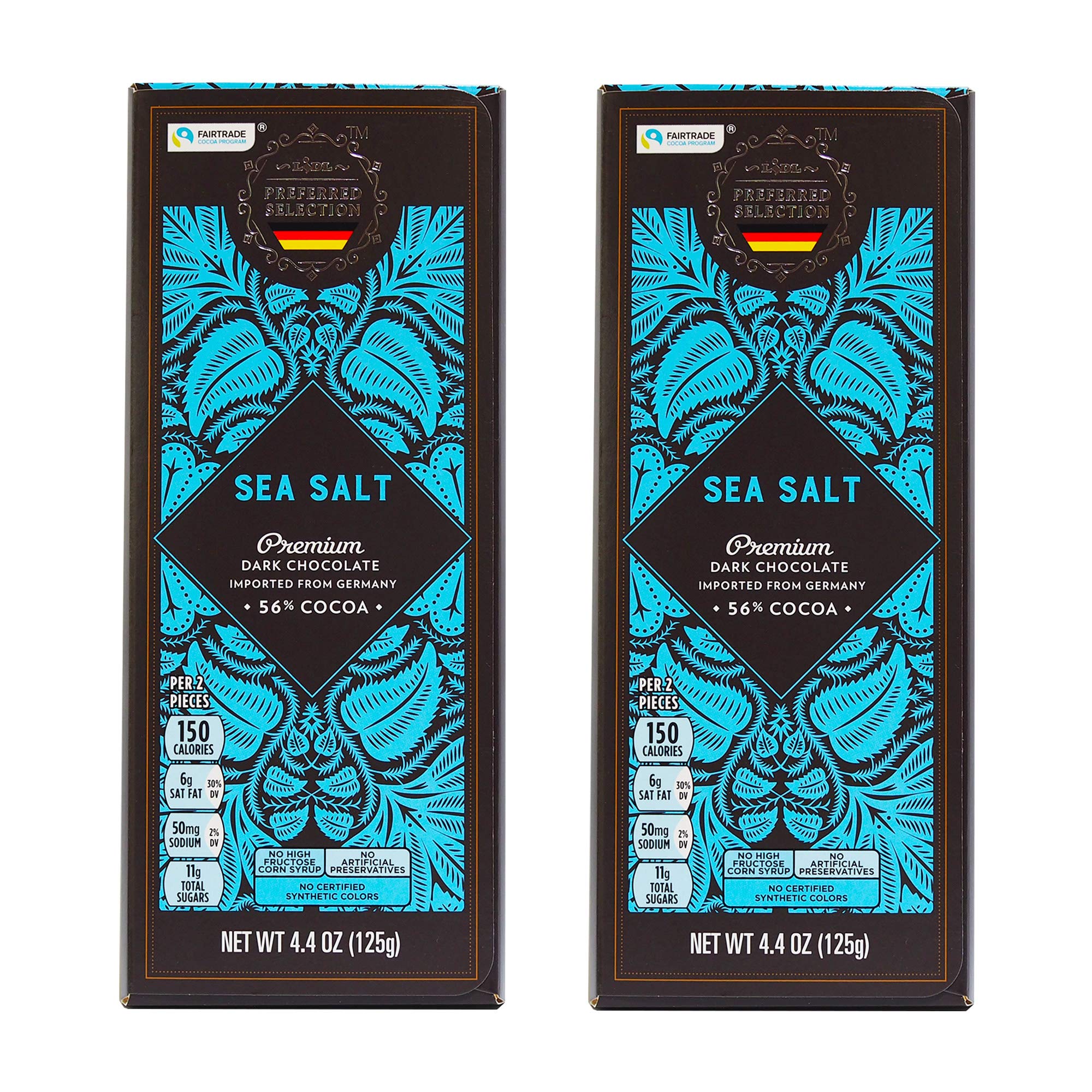 Lidl Preferred Selection Premium Dark Sea Salt Chocolate - 56% Cacao - Fair Trade - Made in Germany (2 Pack)