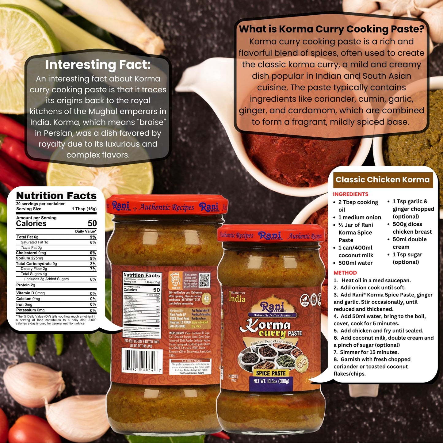 Rani Korma Curry Cooking Spice Paste 10o.5z (300g) Glass Jar, Pack of 5+1 FREE ~ No Colors | All Natural | NON-GMO | Vegan | Gluten Free | Indian
