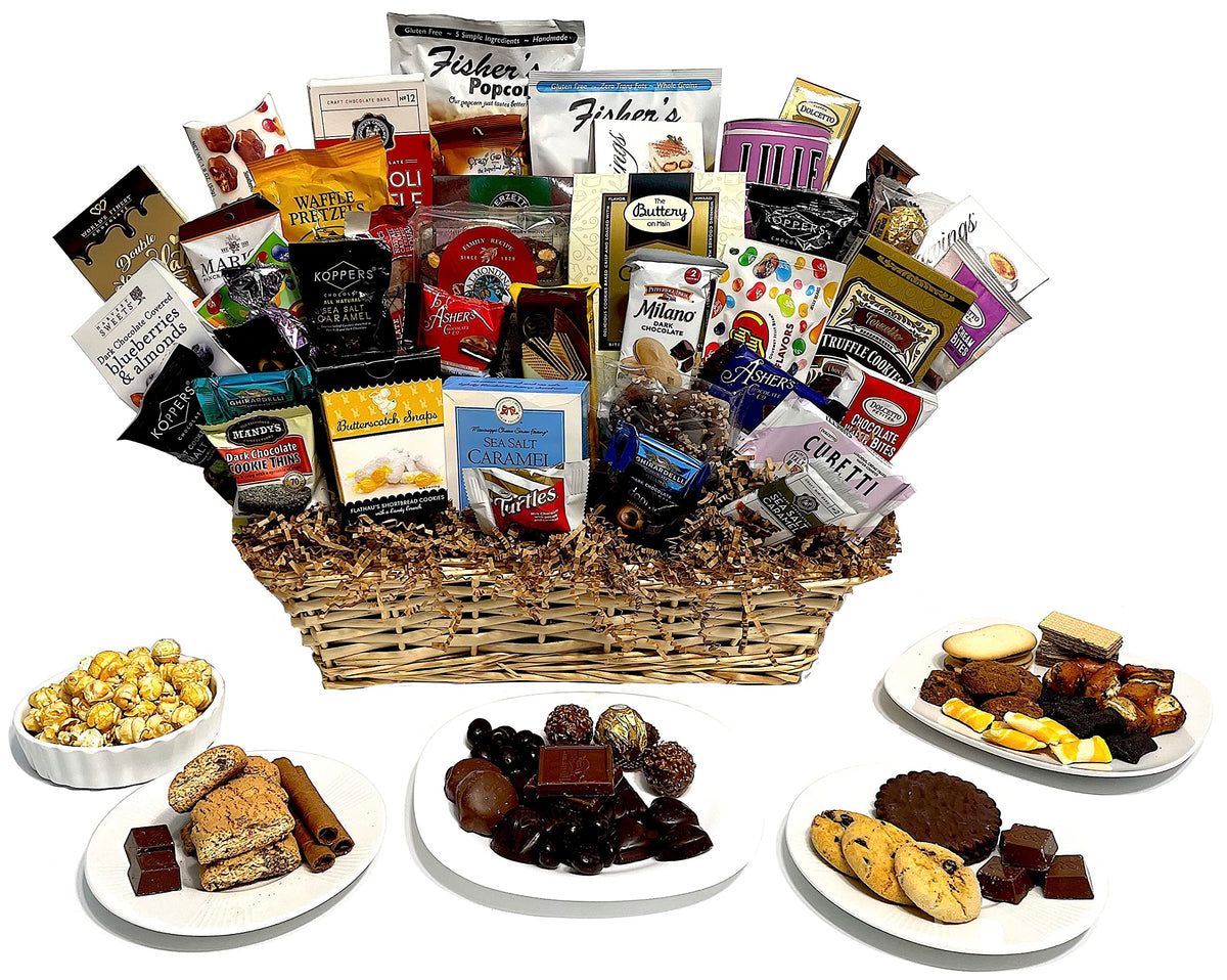 Hand-Crafted 43 Piece customizable chocolate gift basket of gourmet chocolates, cookies, and crunches. Tasty treats selected for businesses, clients