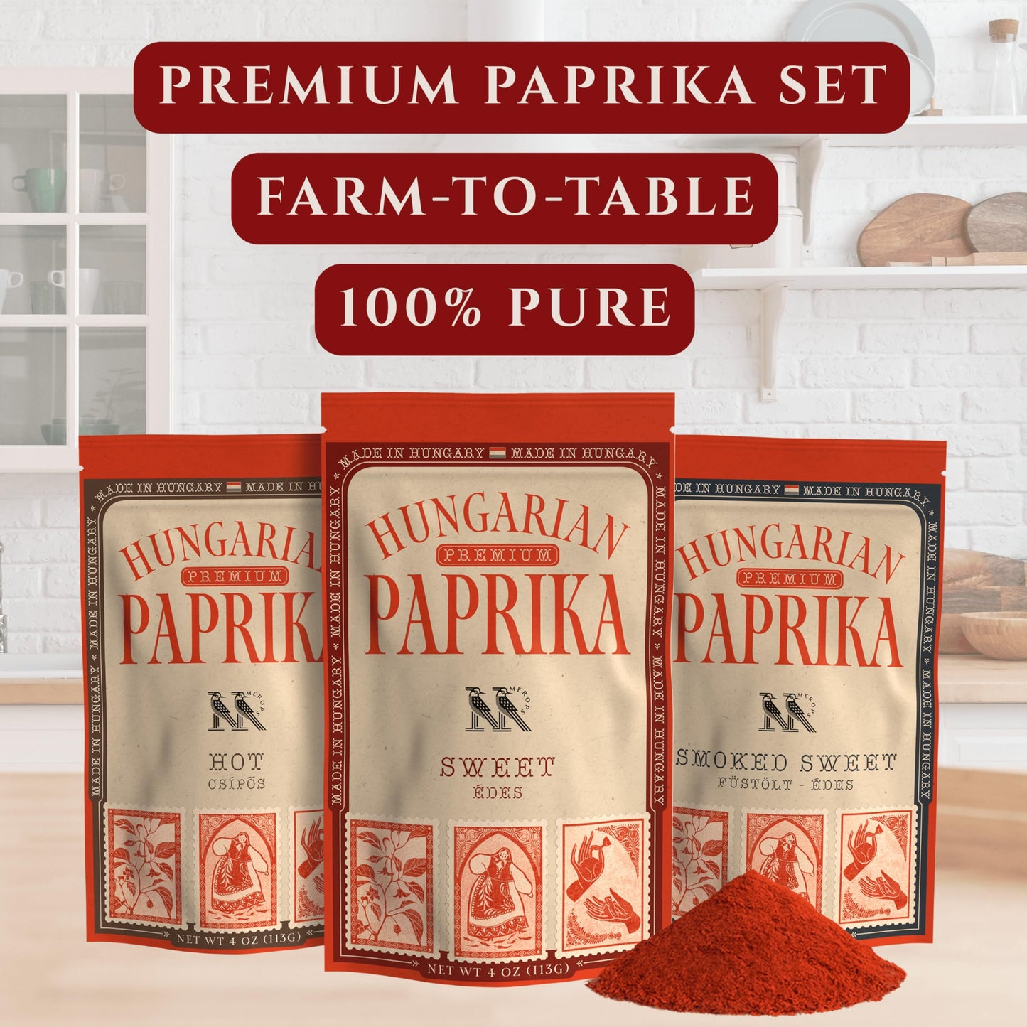 Premium Hungarian Paprika Spice Collection GIFT SET - Sweet, Smoked & Hot (3 x 4 oz) - Five Traditional Hungarian Recipe Cards - Non-GMO - Authentic