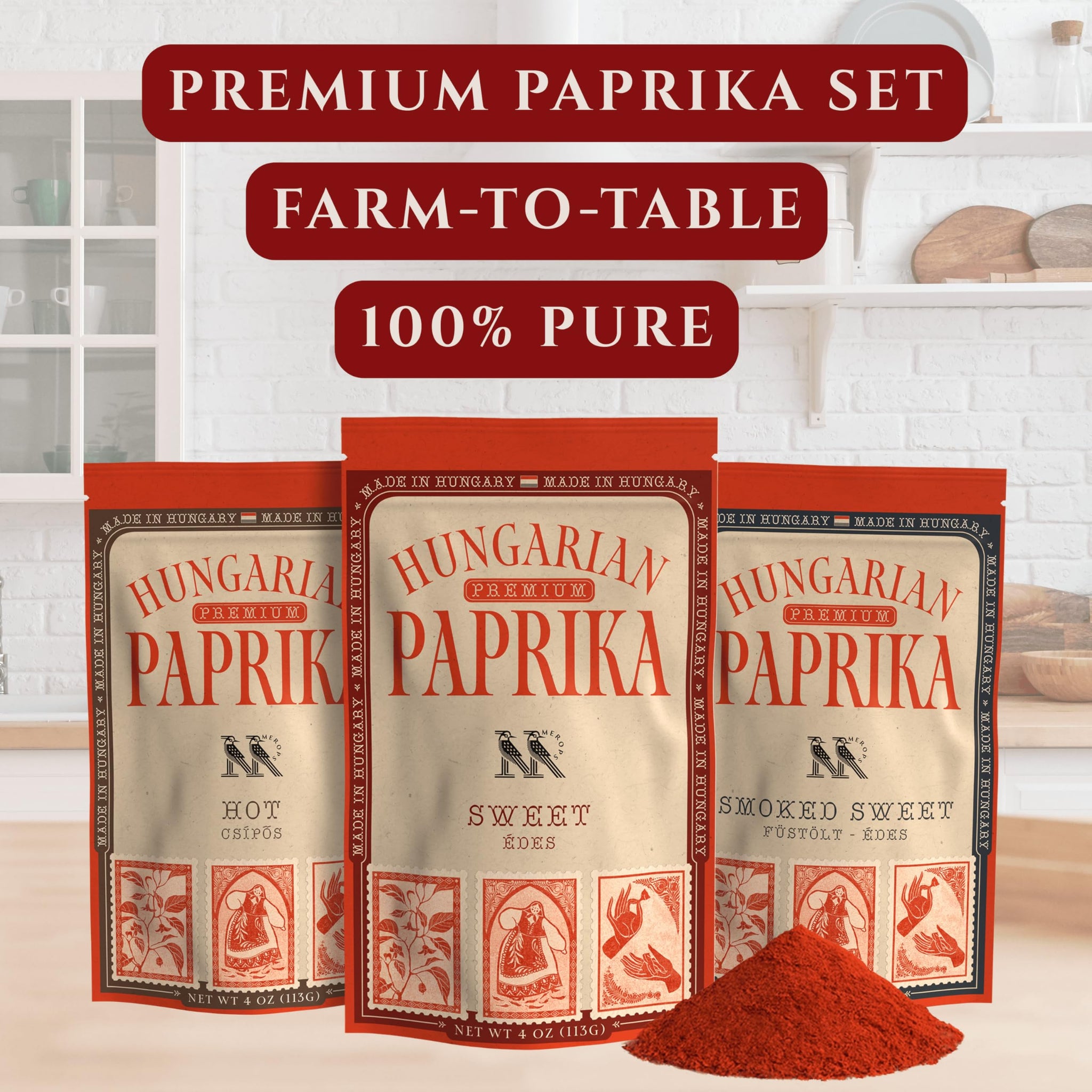 Premium Hungarian Paprika Spice Collection GIFT SET - Sweet, Smoked & Hot (3 x 4 oz) - Five Traditional Hungarian Recipe Cards - Non-GMO - Authentic