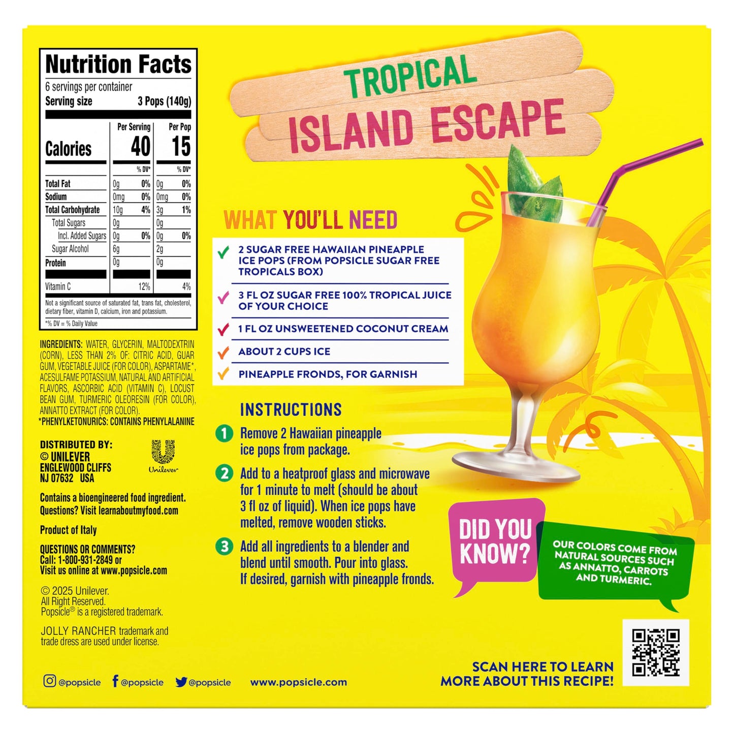 Popsicle Ice Pops 18 Count Tropicals For a Sugar Free Frozen Dessert Frozen Ice Pops With only 15 Calories 29.7 oz