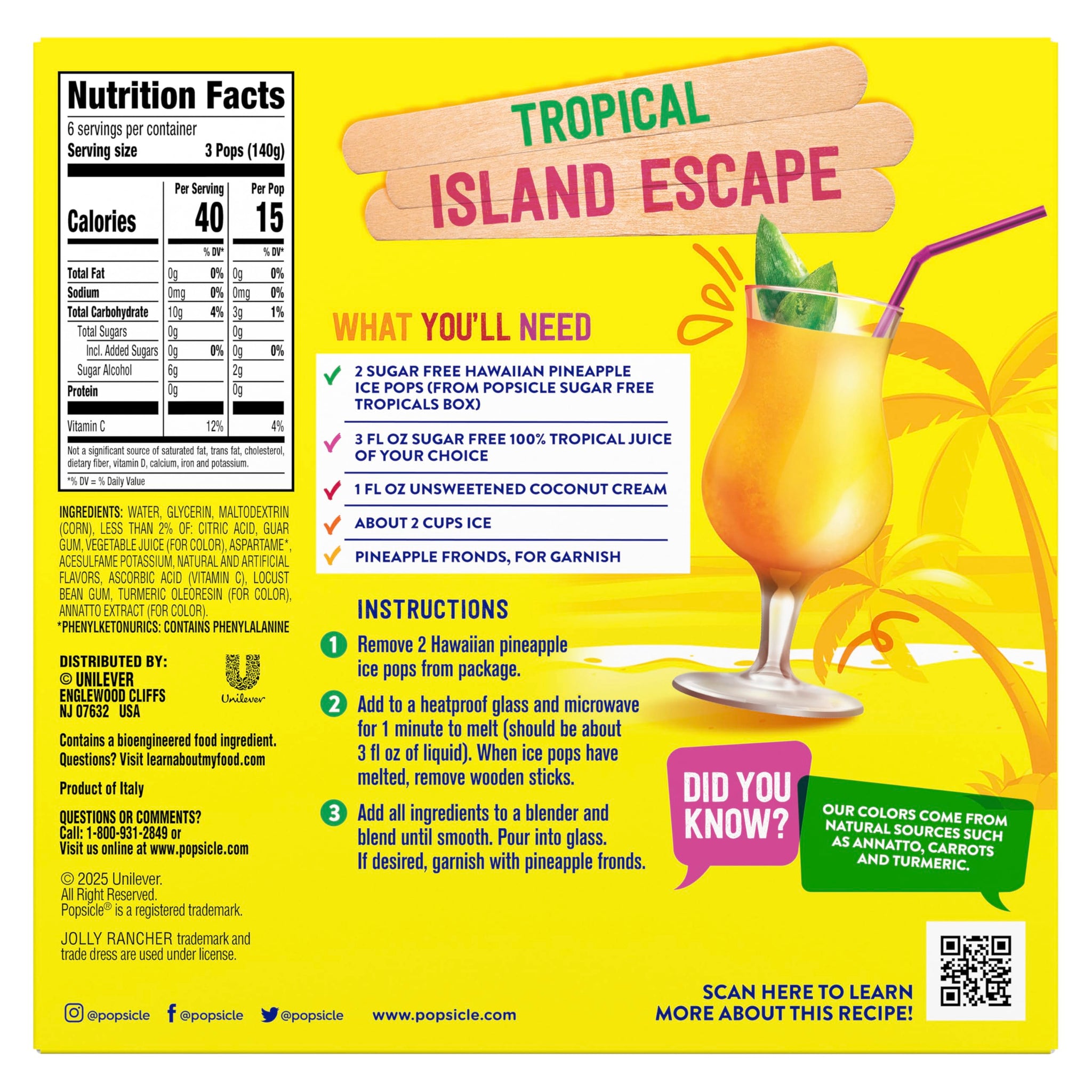 Popsicle Ice Pops 18 Count Tropicals For a Sugar Free Frozen Dessert Frozen Ice Pops With only 15 Calories 29.7 oz