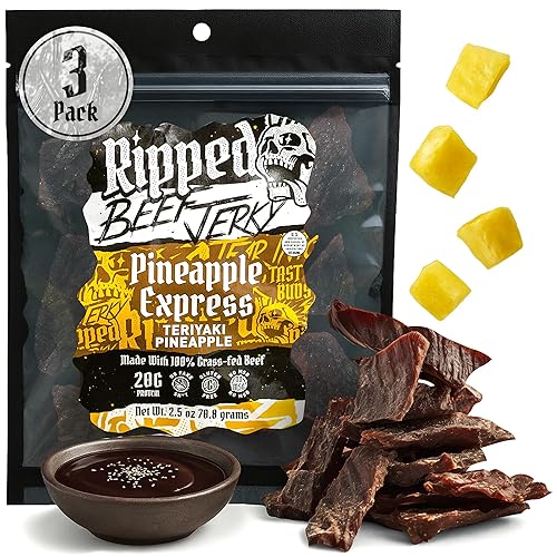 Ripped Beef Jerky - 100% Grass Fed Beef, 20g Protein, Real Ingredients, Gluten Free, No MSG, Made in USA (Pack of 3, Pineapple)