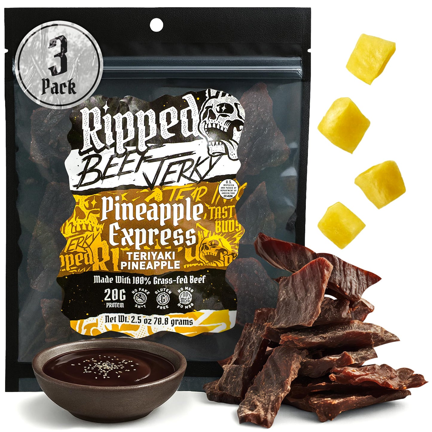 Ripped Beef Jerky - 100% Grass Fed Beef, 20g Protein, Real Ingredients, Gluten Free, No MSG, Made in USA (Pack of 3, Pineapple)
