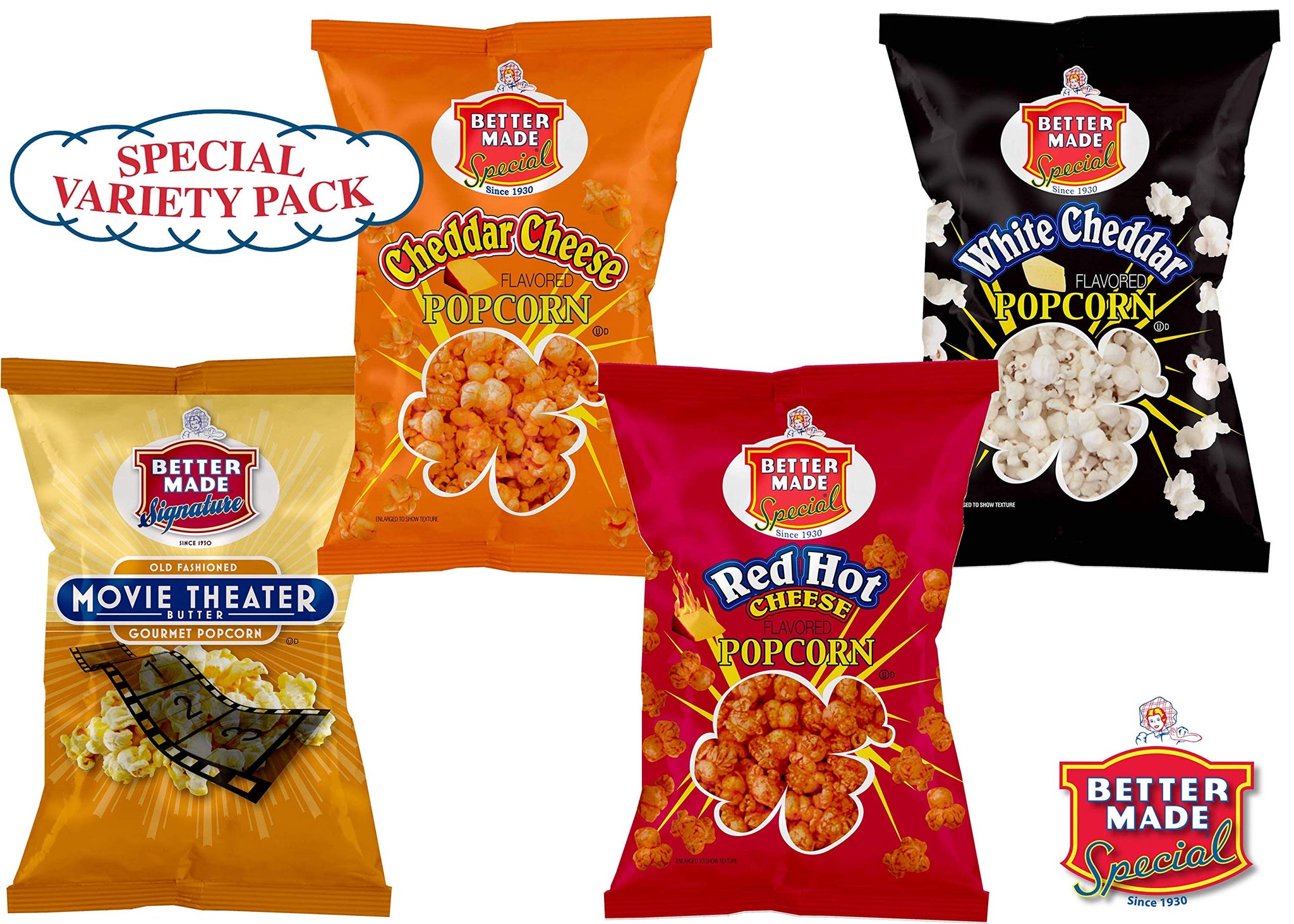 Better Made Special Variety Pack Popcorn - Pack of (8) - 2.75oz Bags - 2 Each Movie Theater Butter, White Cheddar, Cheddar Cheese, Hot Cheese Popcorn