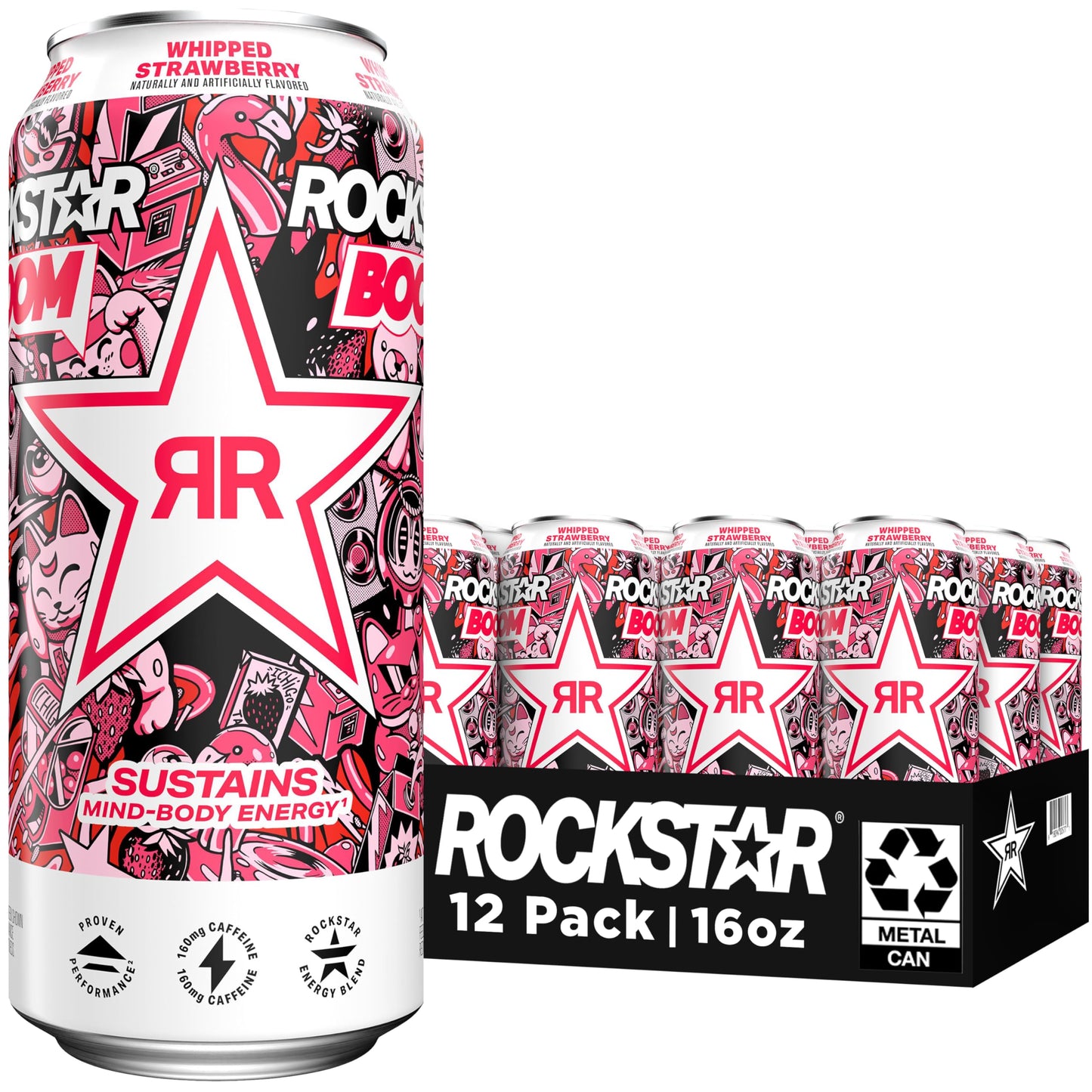 Rockstar, Boom Energy Drink with Caffeine and Taurine Packaging May Vary, Whipped Strawberry, 16 Fl Oz (Pack of 12)