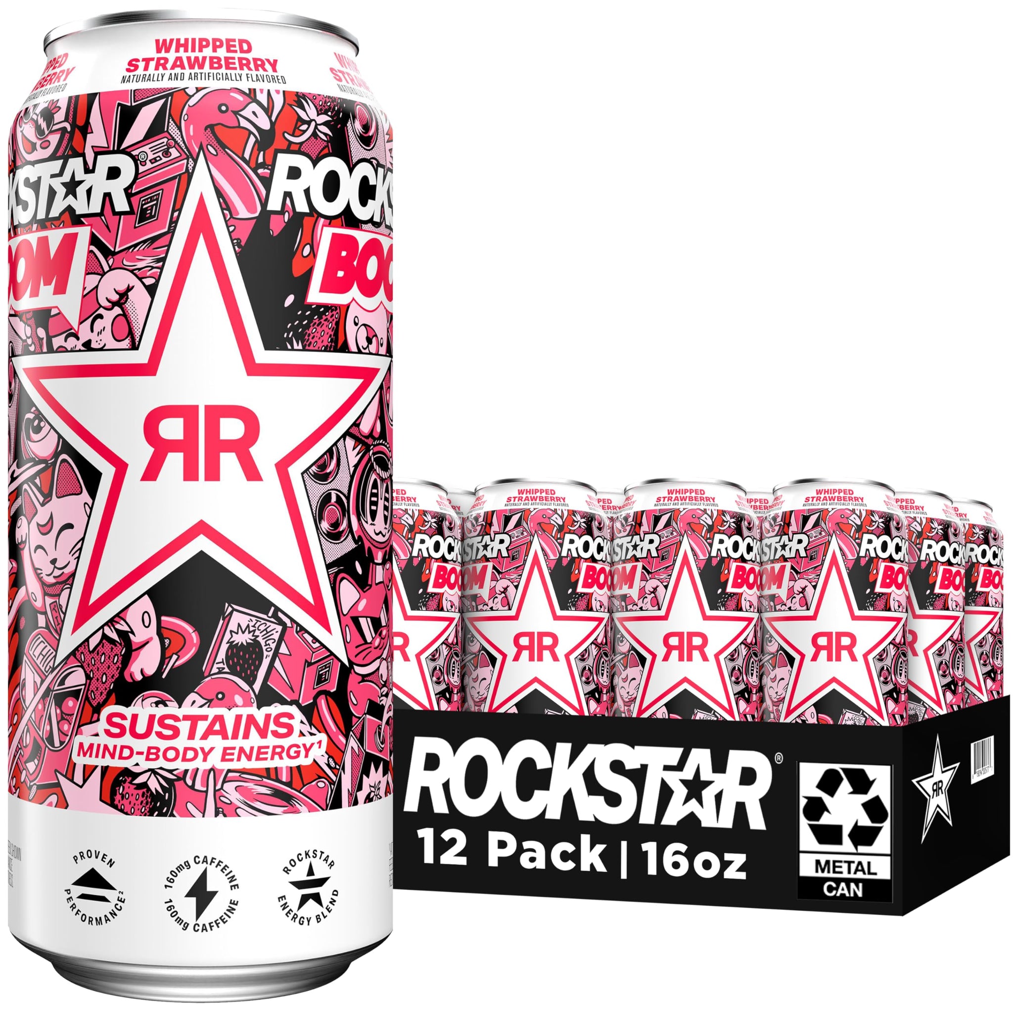 Rockstar, Boom Energy Drink with Caffeine and Taurine Packaging May Vary, Whipped Strawberry, 16 Fl Oz (Pack of 12)