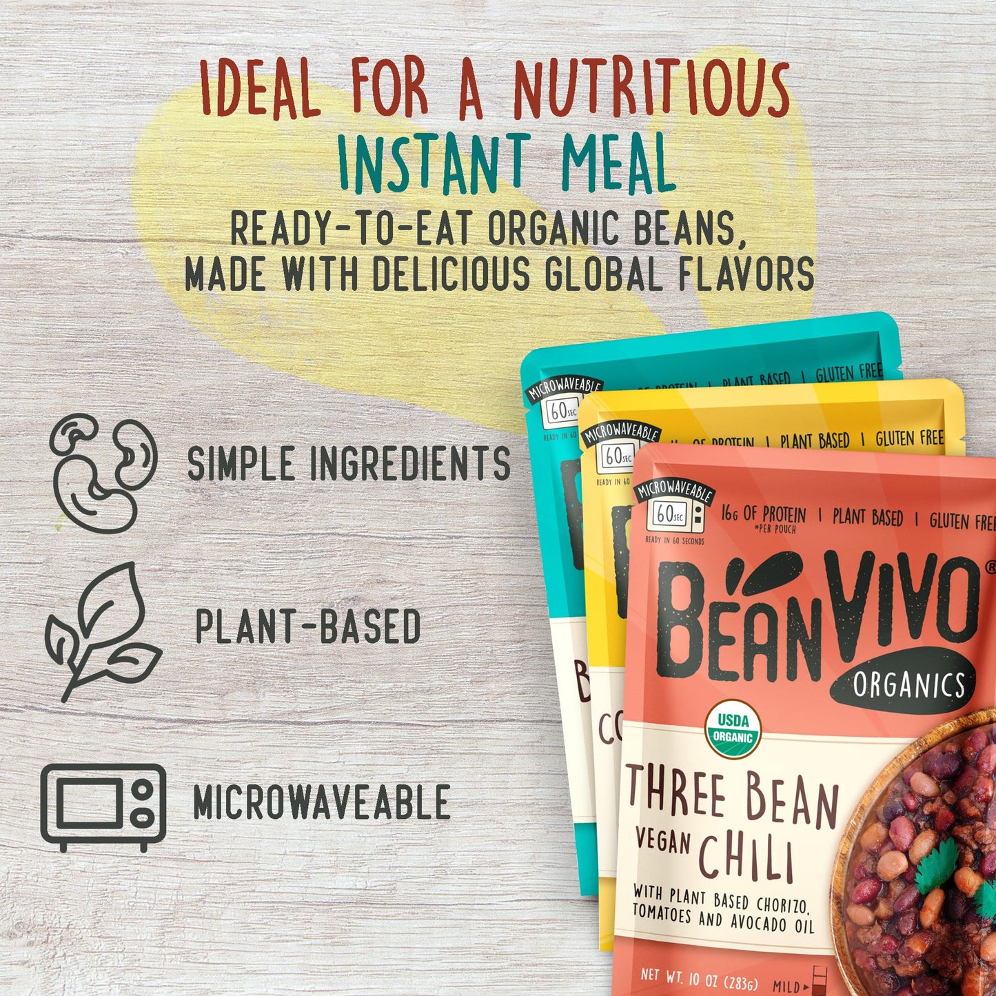 BeanVIVO - Variety 3 Pack (10 oz each) - Organic Baja Black Beans, Three Bean Vegan Chili, Coconut Curry Chickpeas - Seasoned & Ready to Eat, Plant