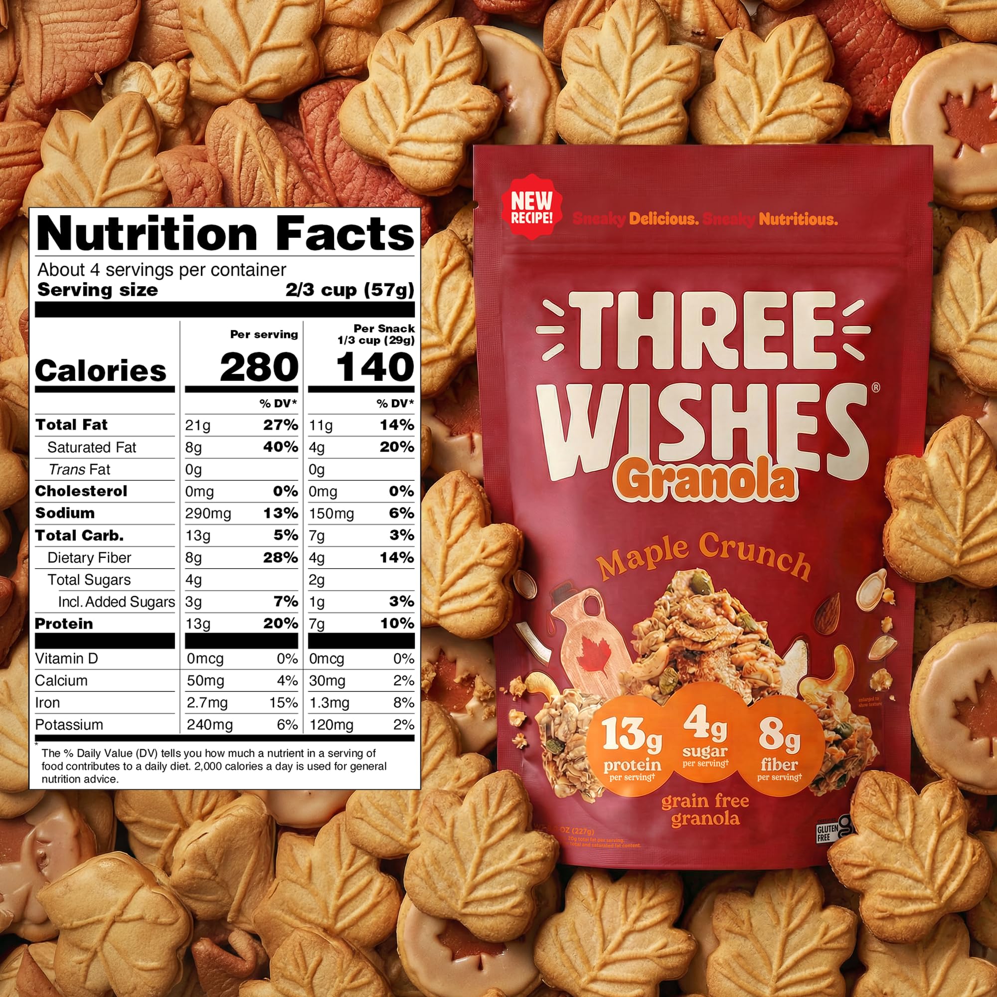 Three Wishes Granola - 13g of Protein & 4g of Sugar - Healthy Breakfast & On-the-Go Snack - Vegan, Kosher, & Grain-Free (8 Ounce Bags, Pack of 2)