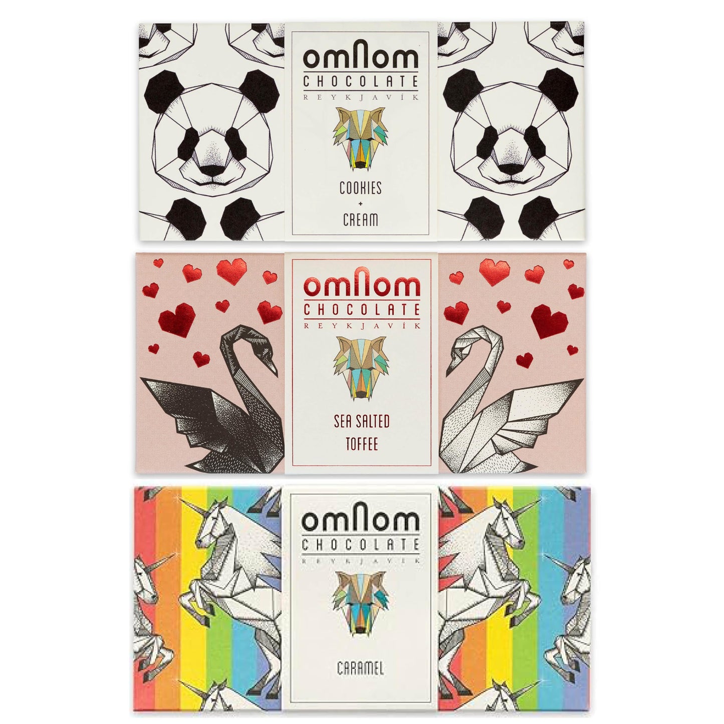OmNom Best Sellers Trio | Toffee + Sea Salt, Caramel Pride Bar, Cookies + Cream | Icelandic Bean To Bar Chocolate by OMNOM CHOCOLATE REYKJAVIK | 3 x