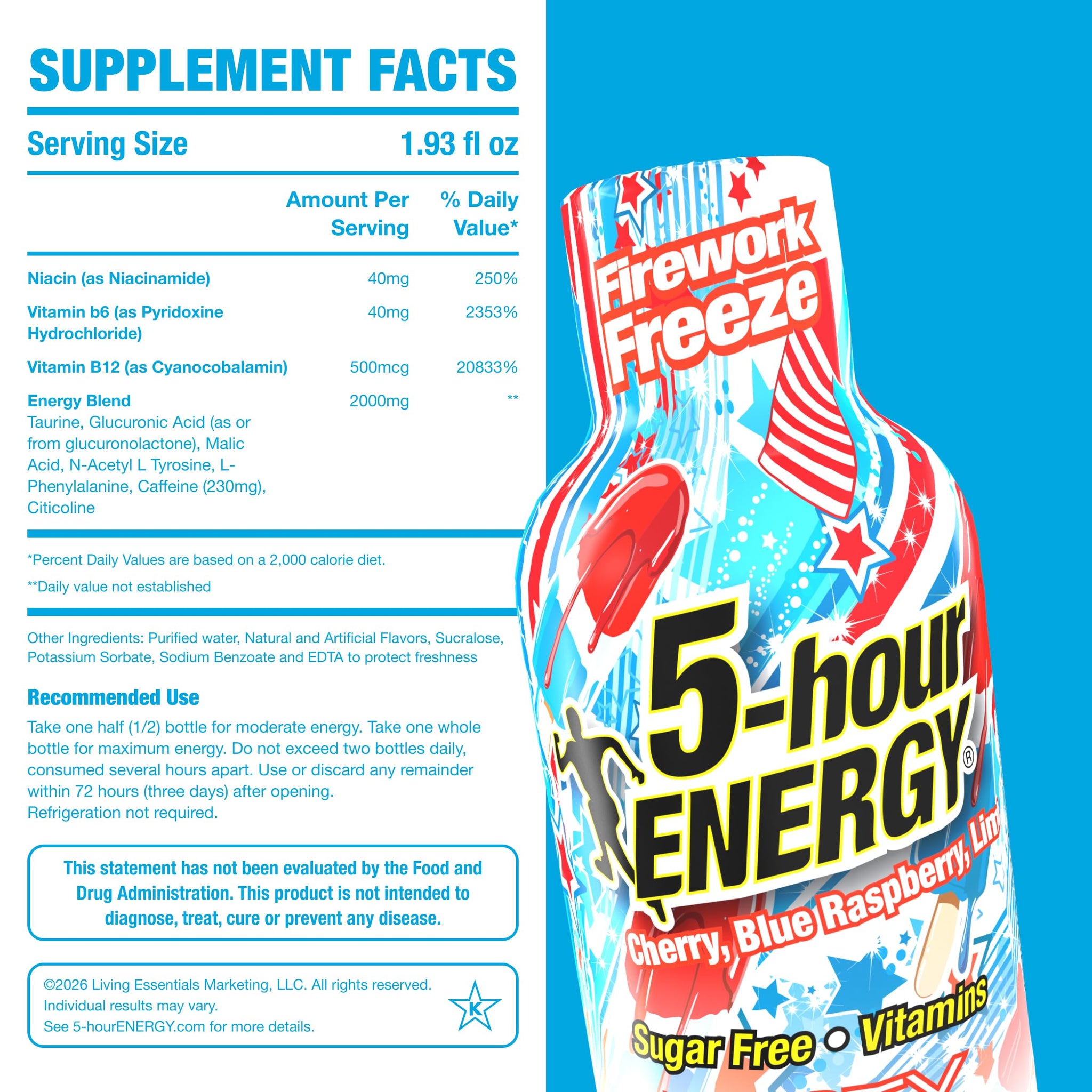 5-hour ENERGY FIREWORK FREEZE Flavor, 6 Count, 1.93 Fl Oz Energy Shot, Extra Strength, Amino Acids, Essential B Vitamins, Sugar Free and Zero Calories